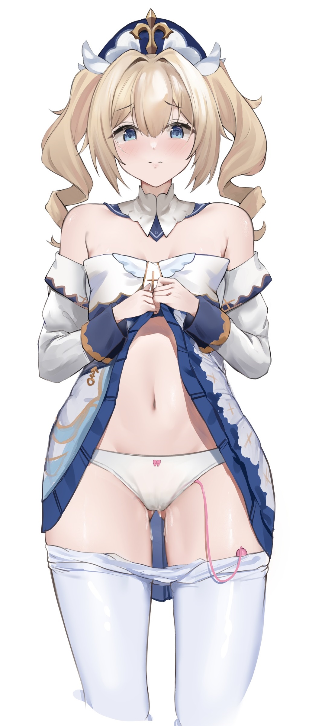 1girls, barbara (genshin impact), bow panties, female, genshin impact, lifted by self, nun, shy, thighs, twin drills, vibrator, wet panties