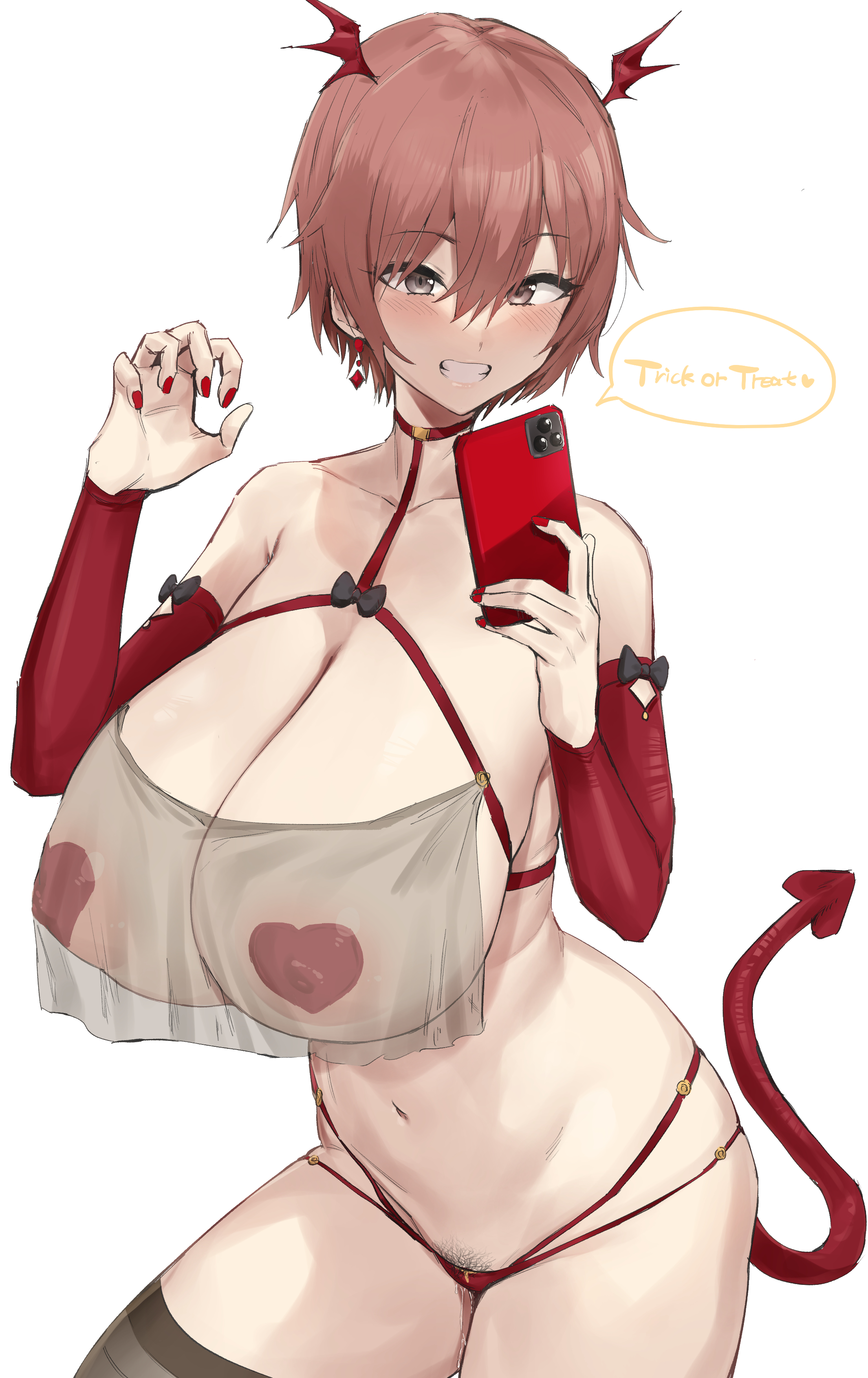 areola slip, areolae, covered erect nipples, female, halloween, hotate-chan, large areolae, orange hair, original, panties, phone, pubic hair, pubic hair peek, short hair, smile, underwear, veil, very short hair