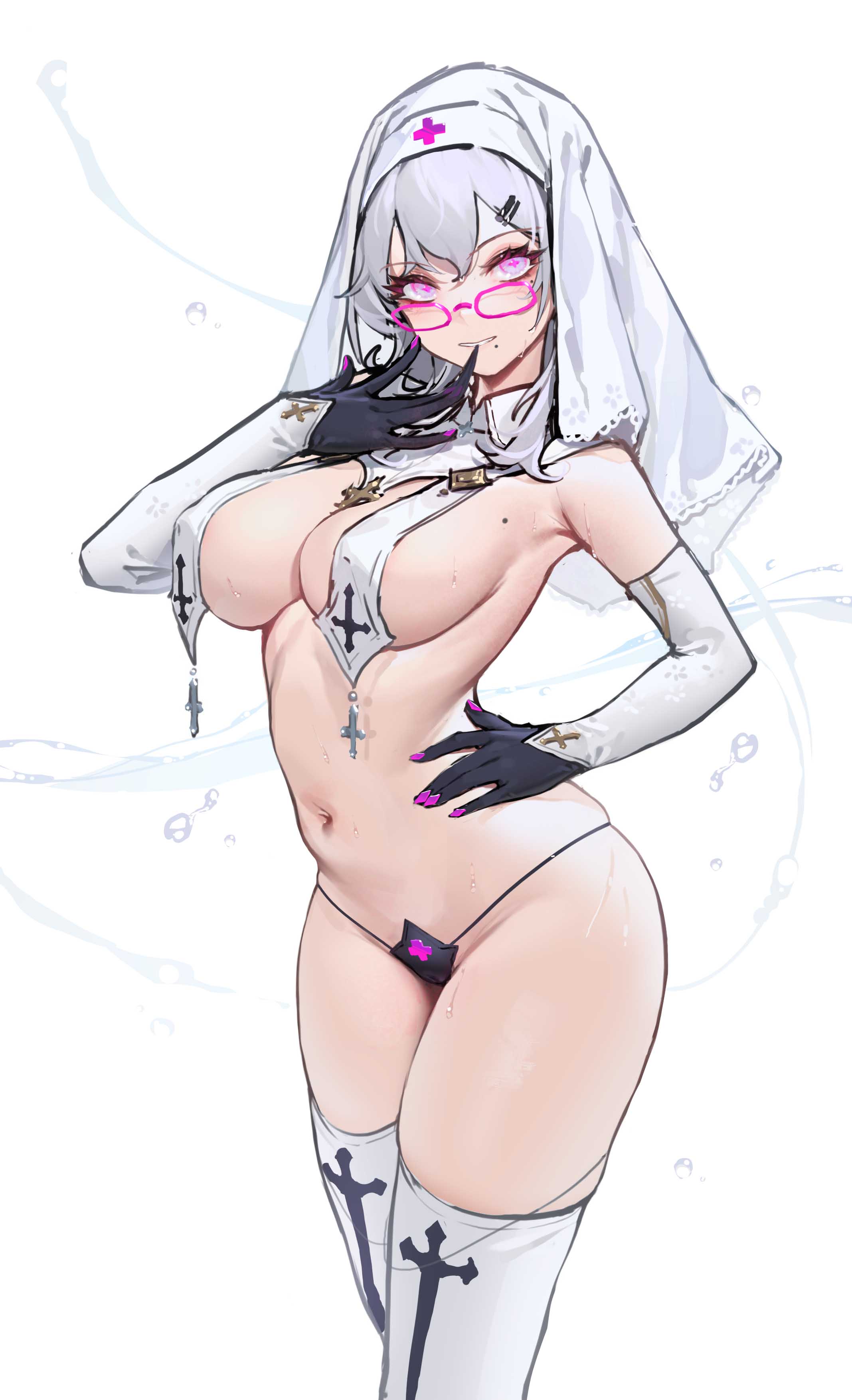 1girls, 2021, absurdres, bangs, bikini, bikini bottom, biting, black bikini, black gloves, breast curtains, breasts, cross, cross print, crossed arms, detached sleeves, eiroyi, eyebrows visible through hair, female, female focus, female only, glasses, glove biting, gloves, habit, hair between eyes, hair ornament, hairclip, hand on hip, highres, large breasts, long hair, long sleeves, looking at viewer, mole, mole on breast, mole under mouth, navel, parted lips, pink eyes, silver hair, simple background, smile, solo, solo female, solo focus, stomach, swimsuit, thighhighs, white background, white legwear