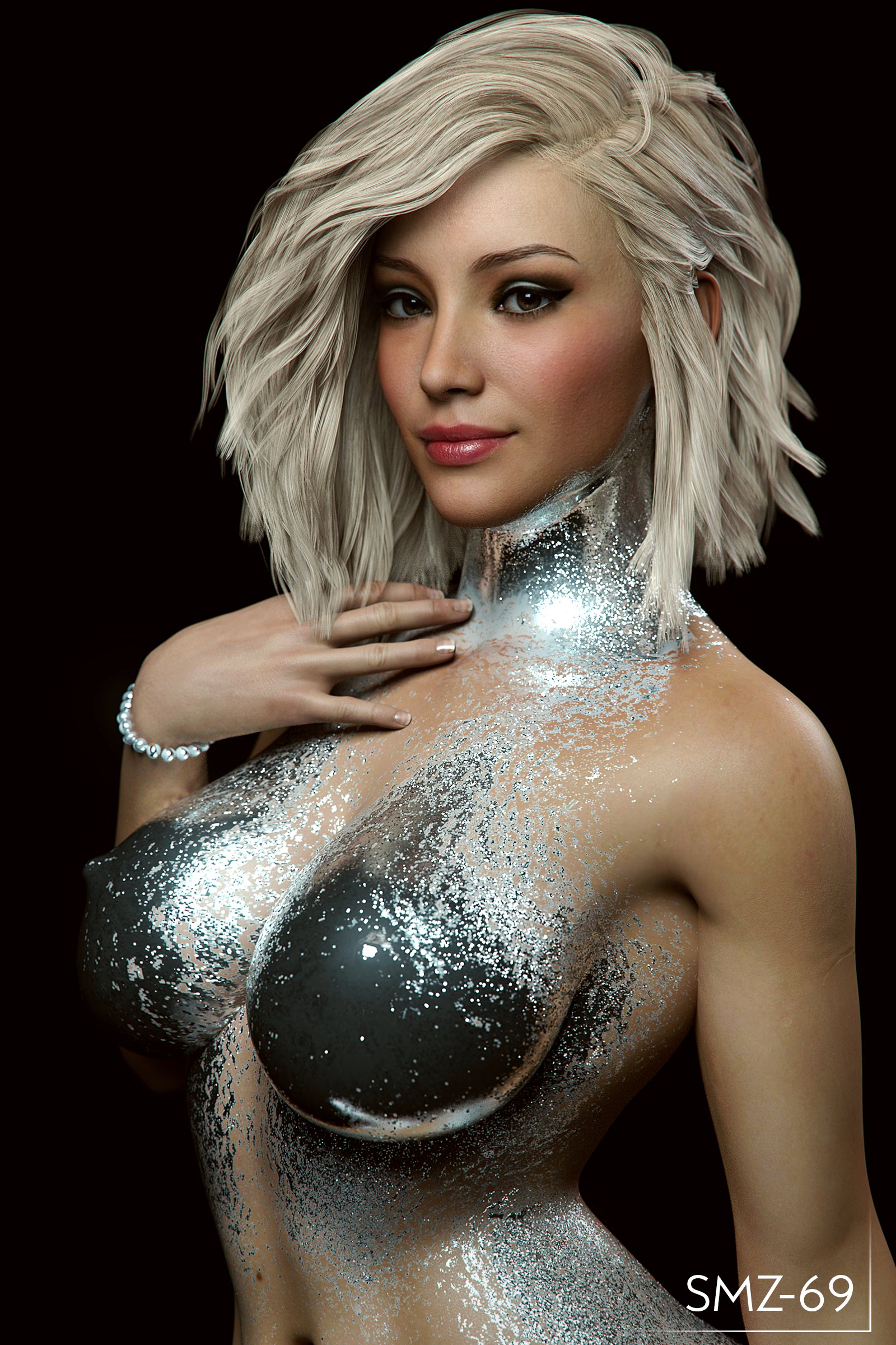 1girls, 3d, bodypaint, breasts, cheyenne (smz-69), female, female only, looking at viewer, nipples, smz-69, solo