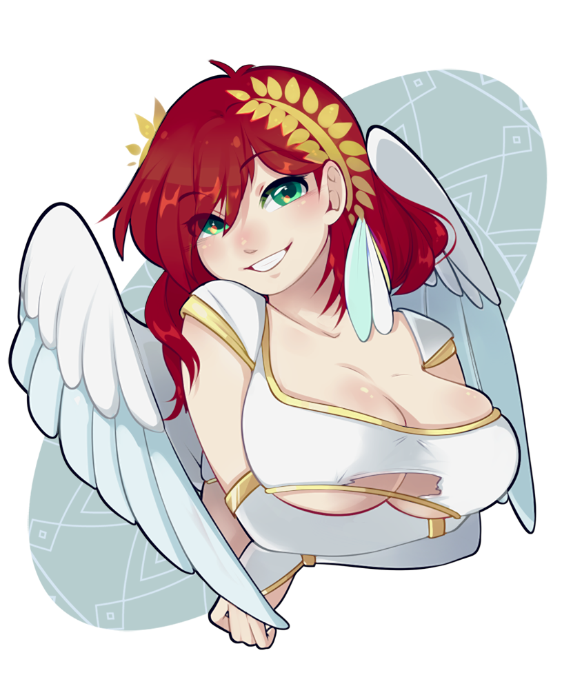 1girls :) angel angel_wings angelic big_breasts busty cleavage clothed clothing commission crossed_arms cute feathers female female_only fully_clothed ginger green_eyes guardian_spirit headshot holy humanoid icon laurel_crown laurel_wreath light-skinned_female light_skin looking_at_viewer loverofscythe pale_skin profile_picture red_hair ripped_clothes ripped_clothing ripped_dress sierra_(ramzkun) smile smiling smiling_at_viewer solo tagme transparent_background wings