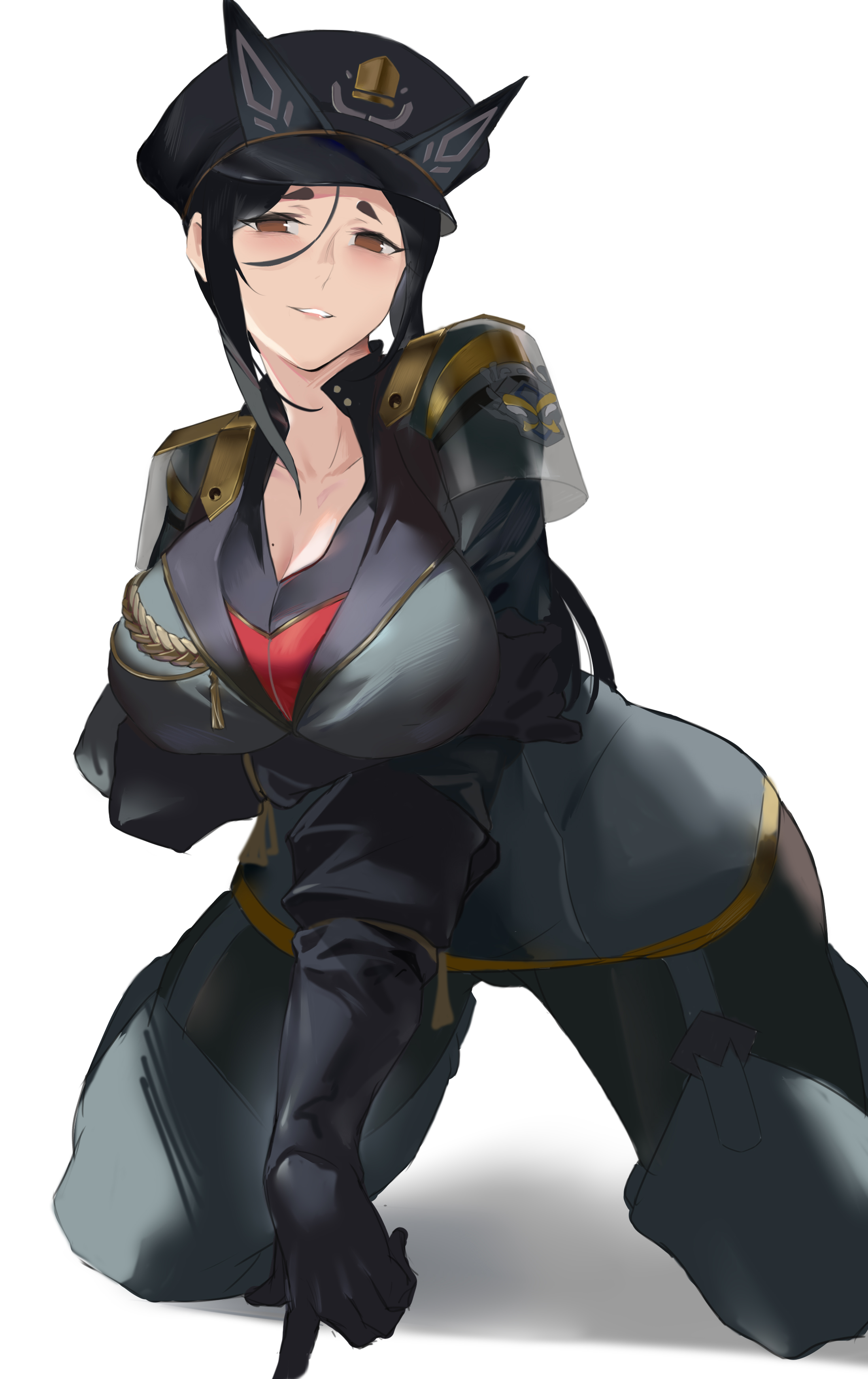 absurdres, animal ears, arknights, arm under breasts, black gloves, black hair, black headwear, black legwear, breasts, brown eyes, chong (547342983), cleavage, cowboy shot, dobermann (arknights), dobermann (lieutenant) (arknights), dog ears, female, gloves, grey jacket, grey pants, hat, highres, jacket, kneeling, large breasts, long sleeves, milf, military, military uniform, mole, mole on breast, official alternate costume, pants, parted lips, peaked cap, short hair, sidelocks, smile, solo, uniform