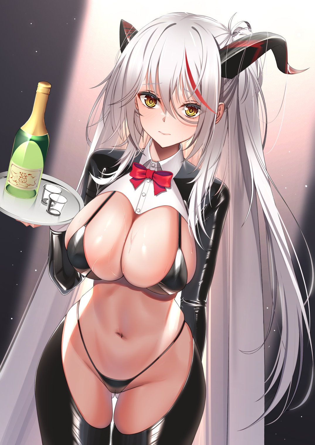 1girls, 2021, aegir (azur lane), arm behind back, ass visible through thighs, azur lane, bangs, bikini, black bikini, black legwear, blush, bottle, bow, bowtie, breasts, cleavage, closed mouth, cup, drinking glass, eyebrows visible through hair, female, female focus, female only, hair between eyes, highres, holding, holding tray, horns, inui kentarou, large breasts, light frown, long hair, long sleeves, looking at viewer, meme attire, multicolored hair, navel, red bow, red bowtie, red hair, reverse bunnysuit, reverse outfit, ringed eyes, shrug (clothing), sidelocks, silver hair, solo, solo female, solo focus, stomach, straight hair, streaked hair, sweat, swimsuit, thigh gap, thighhighs, tray, two-tone hair, very long hair, waitress, yellow eyes