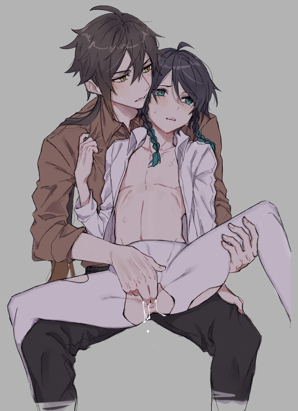 2boys, anal fingering, blue hair, blush, braid, femboy, genshin impact, genshin momo, girly, long hair, male, male only, sitting on lap, stomach, sweating, venti (genshin impact), yaoi, zhongli (genshin impact)