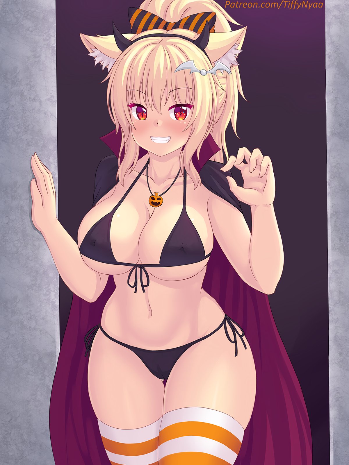 animal ears, bikini, black bikini, blonde hair, blush, bow, breasts, cape, erect nipples, erect nipples under clothes, female, grin, hair ornament, hairbow, halloween, headband, horns, large breasts, looking at viewer, navel, necklace, nipples, original, ponytail, red eyes, side-tie bikini, skindentation, standing, striped legwear, tagme, thick thighs, thighhighs, thighs, tiffy, tiffynyaa