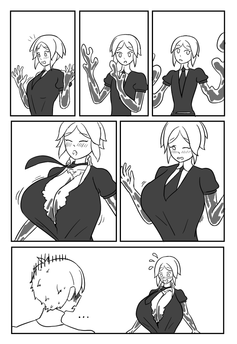 ambiguous_gender big_breasts black_suit blush breast_expansion breasts gold_(metal) gold_alloy humanoid land_of_the_lustrous panels phosphophyllite pointless_ghost pseudo-arms pseudo_breasts shocked short_hair simple_background suit tie white_background