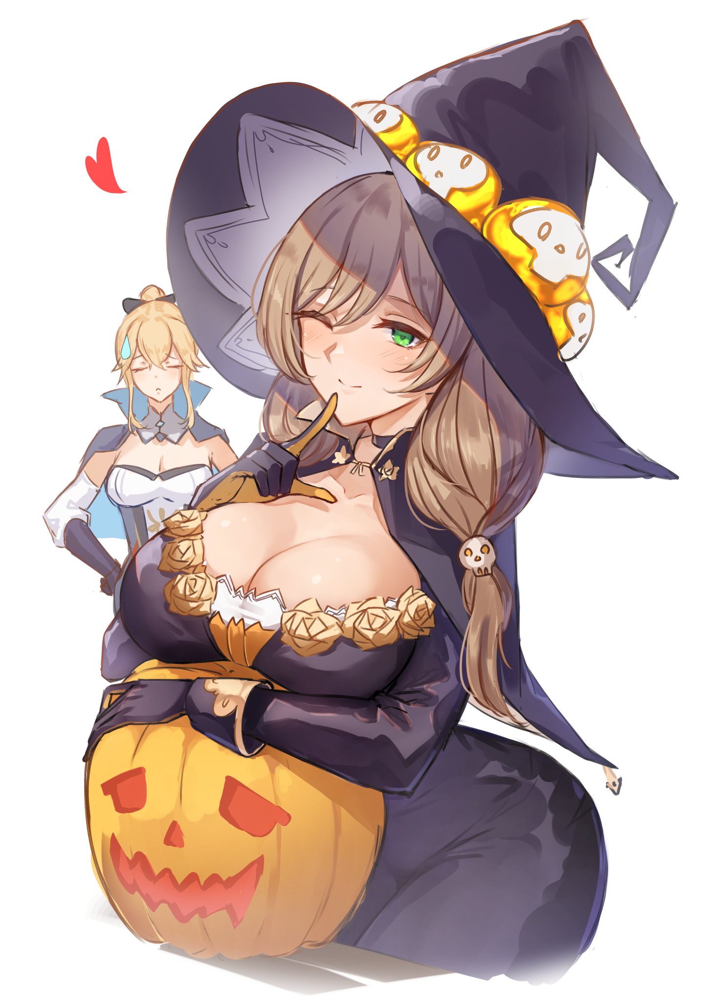 2girls, ass, big ass, big breasts, breasts, cleavage, female, genshin impact, halloween, halloween costume, jean gunnhildr, lisa (genshin impact), looking at viewer, pnatsu, tight clothes, witch costume