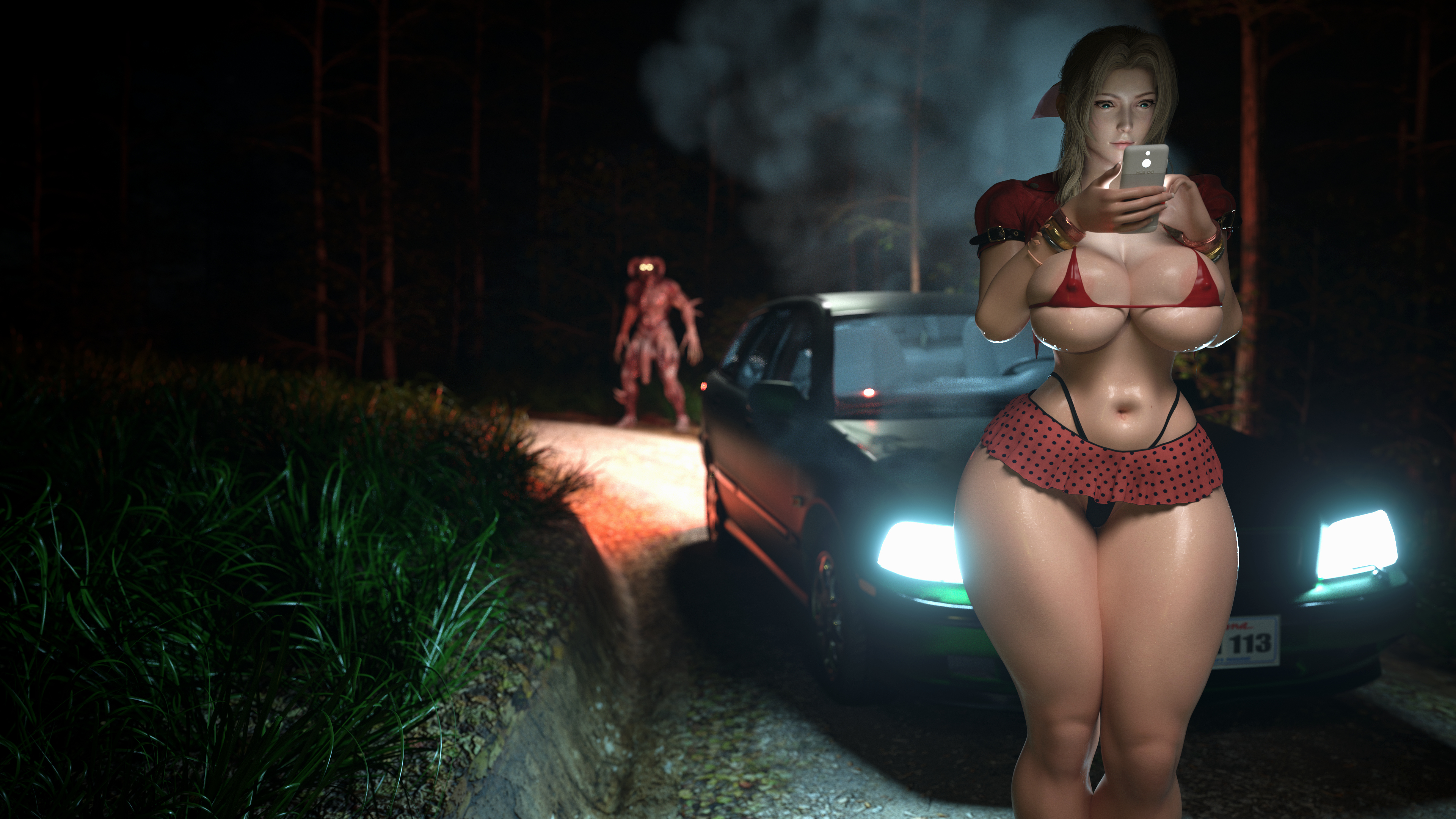 1boy, 1girls, 3d, aerith gainsborough, blender, breasts, brown hair, cleavage, curvaceous, curves, demon, female, final fantasy, final fantasy vii, french nails, highres, huge breasts, icedev, imminent rape, large breasts, long hair, male, night, skimpy clothes, solo focus, square enix, stalking, textless, thick thighs, wide hips