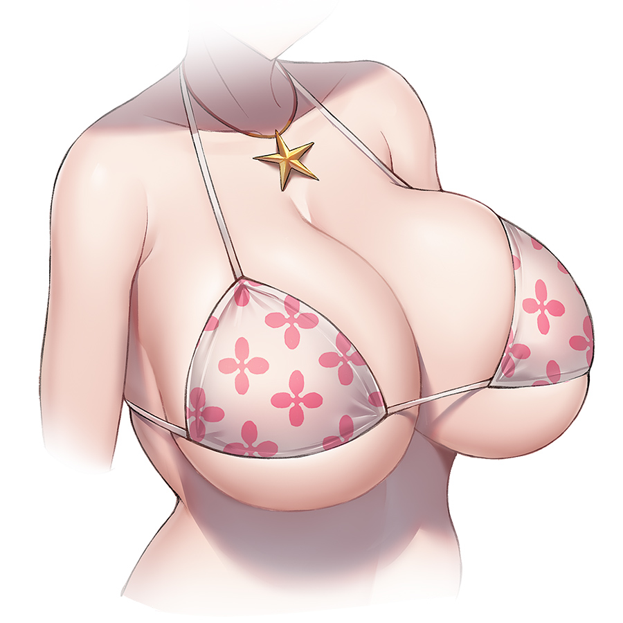 1girls, 2021, alternate version available, atelier (series), atelier ryza, bare arms, bare shoulders, bikini, breasts, cleavage, collarbone, cropped torso, female, female focus, female only, jewelry, large breasts, mahou kyuuri, necklace, print bikini, reisalin stout, simple background, skindentation, solo, solo female, solo focus, star (symbol), star necklace, swimsuit, upper body, white background, white bikini