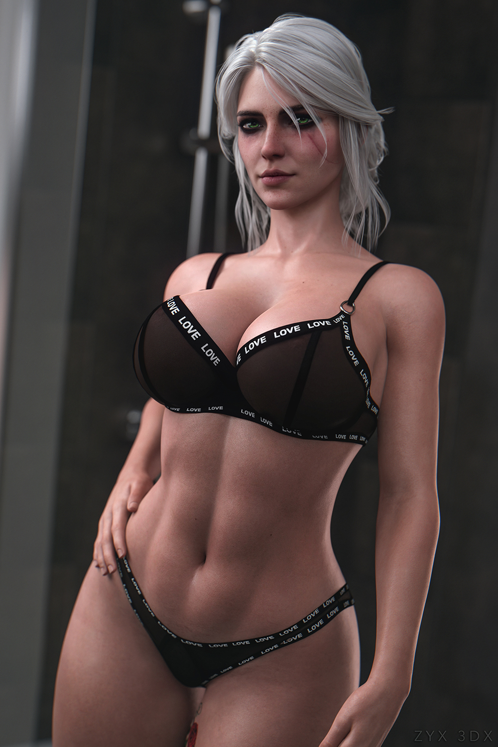 1girls 3d abdomen abs big_breasts bra ciri clothing female female_only lingerie panties scar solo the_witcher_(series) the_witcher_3:_wild_hunt thick_thighs white_hair zyx3dx