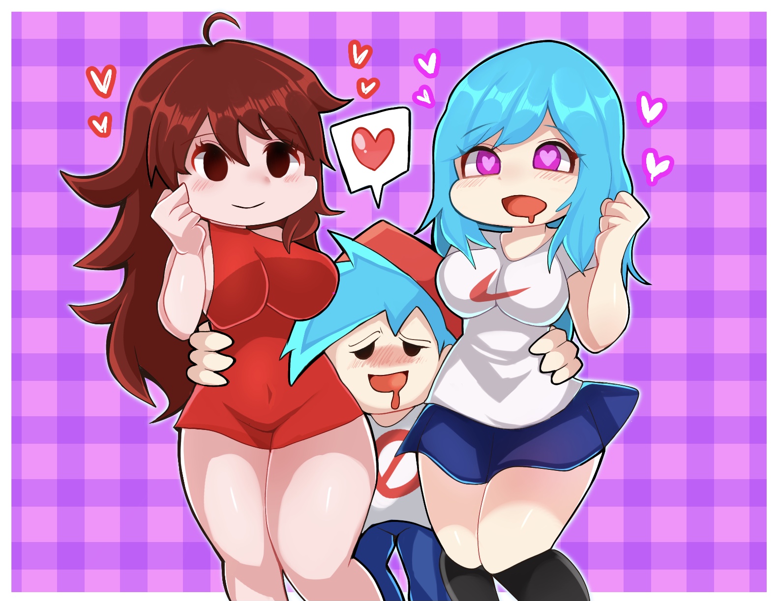 1boy, 2girls, beni imo, beni imo (beniimo45450721), big breasts, blue hair, blush, boyfriend (friday night funkin), breasts, brown hair, curvy female, dress, female, friday night funkin, girlfriend (friday night funkin), hat, heart-shaped pupils, large breasts, long hair, male, mob face, original sky (friday night funkin), purple eyes, red dress, size difference, skirt, sky (friday night funkin), skyverse, smaller male, spoken heart, thick thighs, thighs