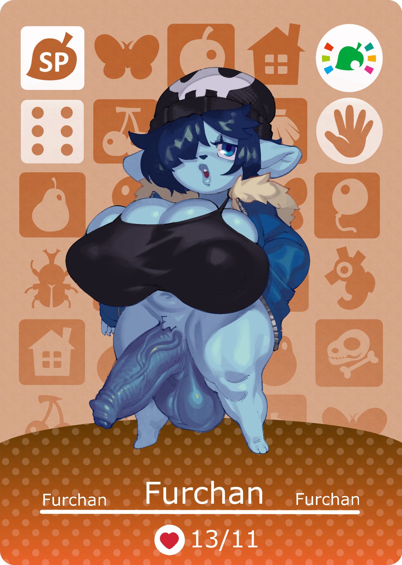 1futa, 2021, animal crossing, balls, blue fur, blue hair, bottomless, breasts, cleavage, clothed, clothing, eigaka, erection, foreskin, futa only, futanari, huge balls, huge breasts, huge cock, huge testicles, humanoid penis, intersex, looking at viewer, nintendo, original character, partially clothed, penis, shortstack, solo, standing, testicles, text, thick thighs, uncircumcised, uncut, wide hips