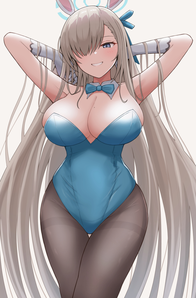 1girls, 2021, animal ears, armpits, arms behind head, arms up, asuna (blue archive), asuna (bunny) (blue archive), asymmetrical bangs, bangs, black legwear, blue archive, blue bow, blue bowtie, blue eyes, blue leotard, bow, bowtie, breasts, cleavage, cowboy shot, curvy, detached collar, female, female focus, female only, gloves, grin, hair over one eye, large breasts, leotard, light brown hair, long hair, looking at viewer, mechanical halo, millennium science school student, mole, mole on breast, narrow waist, pantyhose, playboy bunny, rabbit ears, smile, solo, solo female, strapless, strapless leotard, thighband pantyhose, very long hair, white gloves, wide hips, wing collar, yousui