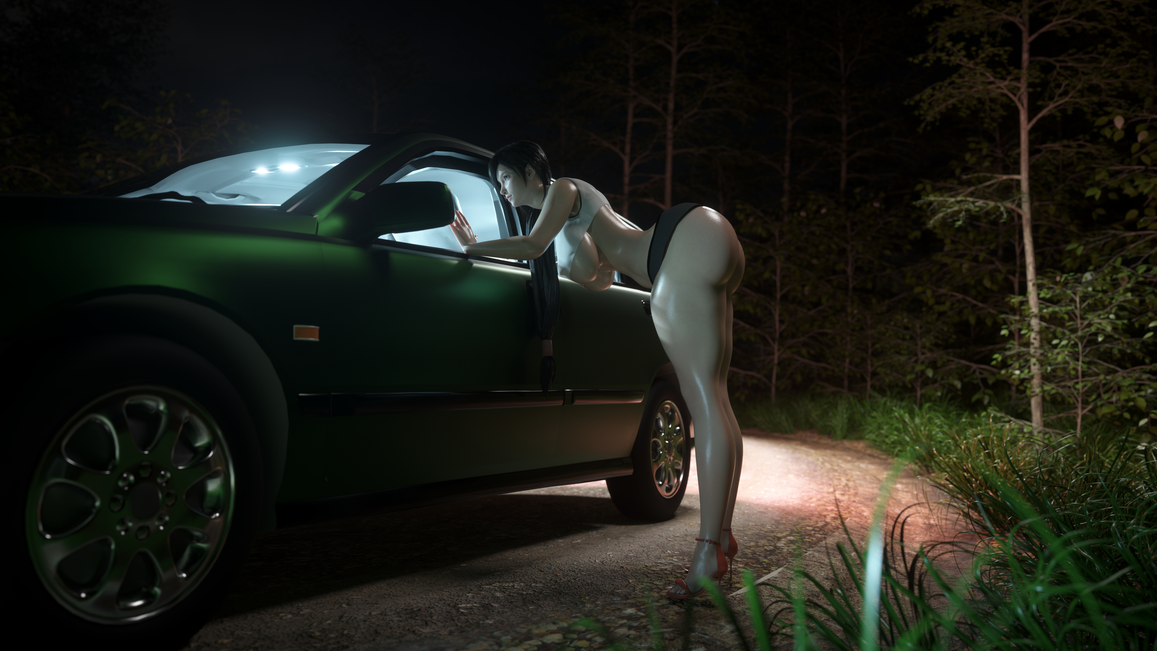 3d, 3d (artwork), breasts, car, curvaceous, curves, curvy, female, final fantasy, final fantasy vii, final fantasy vii remake, high resolution, highres, huge breasts, human, icedev, impossible clothes, large breasts, long hair, night, nighttime, skimpy clothes, square enix, thick thighs, tifa lockhart, video games, voluptuous