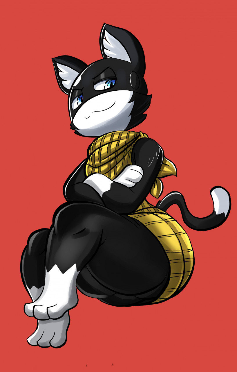 anthro, ass, big ass, blue eyes, felid, feline, femboy, looking at viewer, male, male focus, male only, morgana (persona), nathanatwar, sitting, solo male, thick thighs, tights, whateverdoes