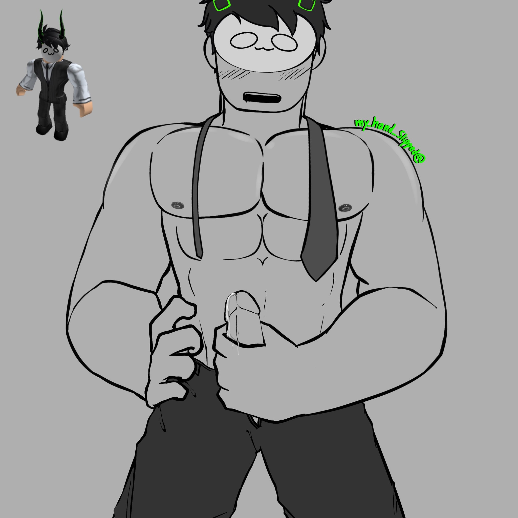 1boy, artist name, black and white, gay, half naked, male, male only, muscles, muscular, muscular male, my hand slipped, reference image, roblox, roblox avatar, robloxian, source request, tagme, yaoi