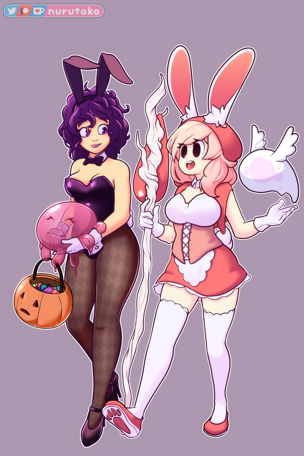 2girls aimee_(nurutako) animal_ears black_eyes bunny_ears bunny_girl bunny_tail bunnysuit cleavage clothing female fiz footwear gloves halloween high_heels high_resolution large_breasts legwear long_hair looking_at_another multiple_girls nurutako open_mouth original original_character pink_hair purple_eyes purple_hair red_footwear shoes simple_background slime slime_monster smile tail thighhighs white_gloves white_legwear