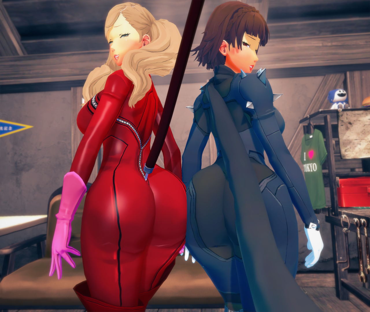 3d, ann takamaki, ann takamaki (panther), ass, atlus, bedroom, big ass, big breasts, blonde hair, bodysuit, breasts, brown hair, clothing, female, gloves, huge ass, huge breasts, human, makoto niijima, makoto niijima (queen), mushroomspacked, pale skin, persona, persona 5, phantom thief suit, seductive, seductive look, seductive smile, short hair, thighhighs, tight clothing, twintails