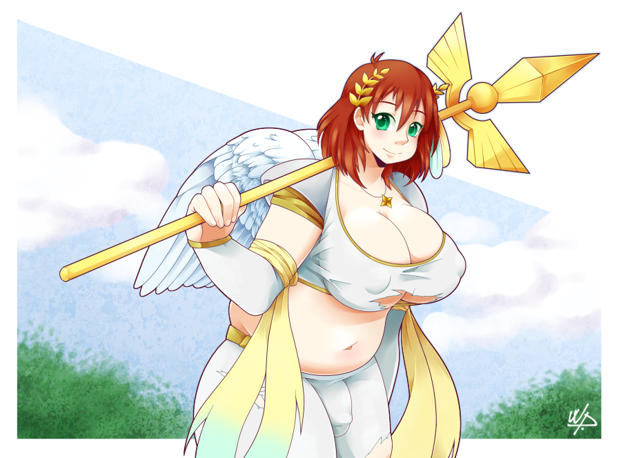 1futa angel angelic big_breasts breasts bulge chubby chubby_futanari cleavage clothed clothing cute flaccid fully_clothed futa_only futanari ginger happy humanoid laurel_crown light-skinned_futanari light_skin masturbation milf nipple_bulge pale_skin penis red_hair sierra_(ramzkun) solo spear weapon weepinbelly wings