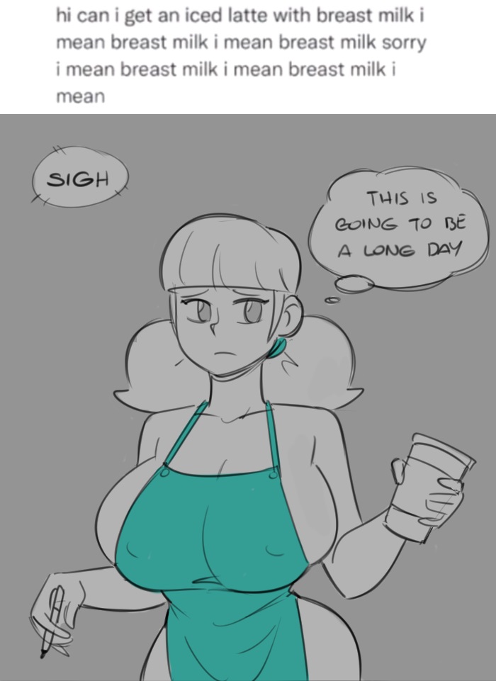 apron big_breasts breasts casual female green_apron human iced_latte_with_breast_milk inspector_gadget meme outerwear pale_skin penny_gadget samson_00 speech_bubble text twintails