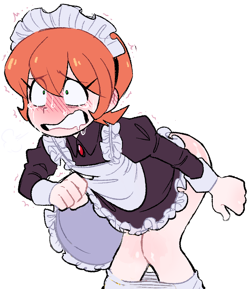 1girls ass blush dress edit female legs maid maid_uniform mob_face nervous no_pants no_underwear orange_hair pants_down peacock_(skullgirls) short_hair skirt skullgirls solo sweat sweatdrop sweating trembling