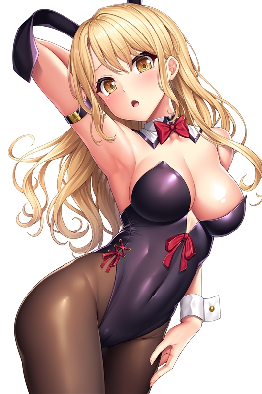 animal ears, arm behind head, arm strap, arm up, armpits, bang dream!, bangs, bare shoulders, blonde hair, blush, bow, bowtie, breasts, brown legwear, chestnut mouth, cleavage, collarbone, commentary, covered navel, cowboy shot, detached collar, eyebrows visible through hair, fake animal ears, female, fingernails, groin, hair between eyes, hand on own thigh, head tilt, kirigaya touko, lambda (kusowarota), large breasts, leotard, long hair, looking at viewer, open mouth, pantyhose, playboy bunny, purple leotard, rabbit ears, red bow, red bowtie, red ribbon, ribbon, side-tie leotard, sidelocks, simple background, solo, standing, strapless, strapless leotard, wavy hair, white background, wrist cuffs, yellow eyes