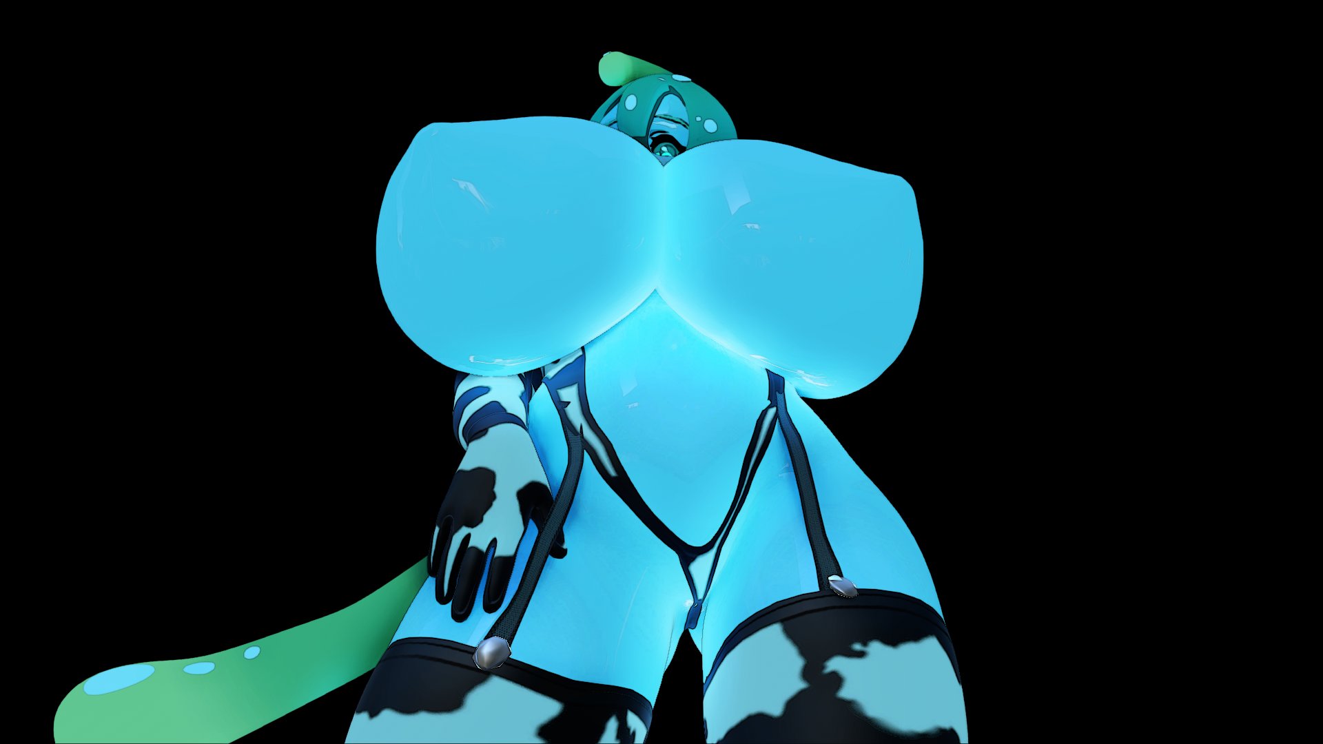 3d, 3d (artwork), almightypatty, black background, blue body, breasts, breasts bigger than head, cow print, cow print gloves, cow print legwear, female, female only, garter belt, gloves, huge breasts, monster girl, monster musume no iru nichijou, slime girl, suu (monster musume), tagme