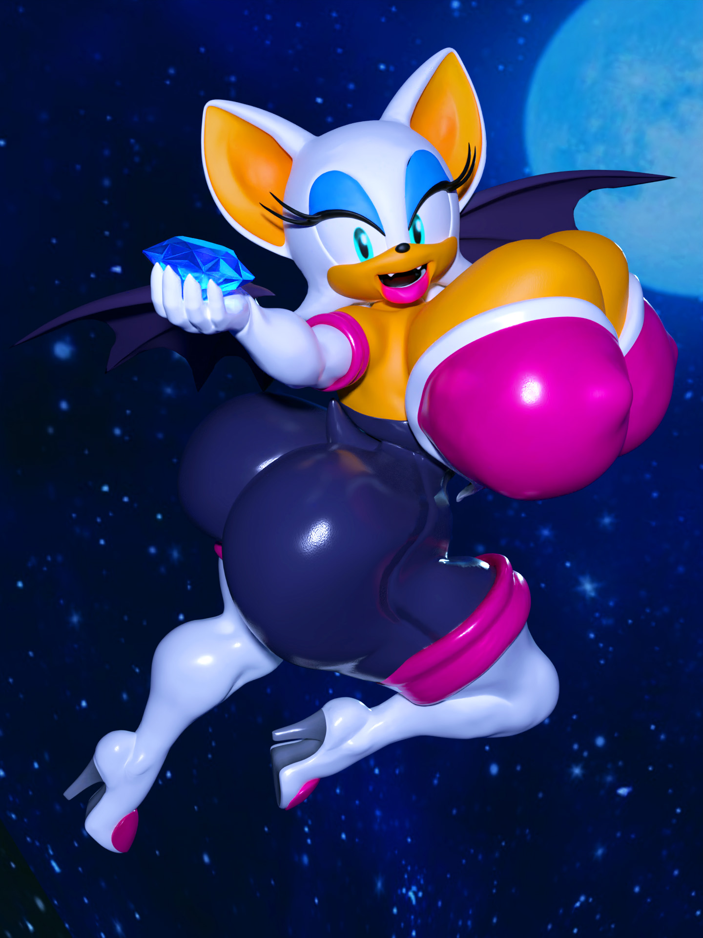 1girls, 3d, 3d model, anthro, ass, bat, blender, breasts, chaos emerald, female, female only, furry, furry only, high heels, huge ass, huge breasts, looking at viewer, mobian, mobian (species), mobian bat, nipple bulge, orange skin, pink lipstick, rouge the bat, sega, shocking (artist), sideboob, smiling at viewer, sonic (series), sonic adventure 2, sonic the hedgehog (series), tagme, teal eyes, thick thighs, thighhighs, white fur