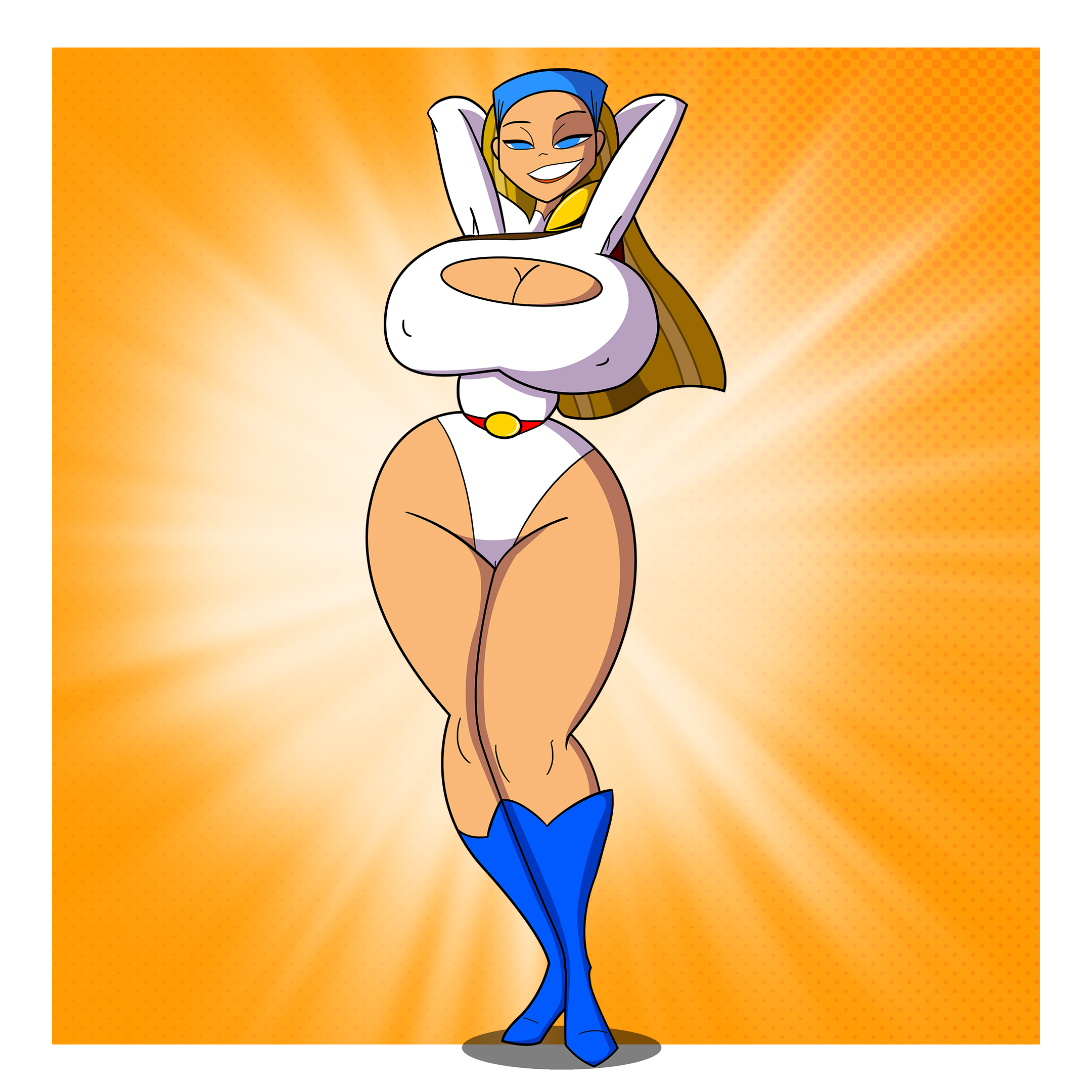1girls, ass, background, bandana, big ass, big breasts, blonde, blonde hair, blue eyes, boob window, boots, breasts, cleavage, cosplay, crossover cosplay, dc, dc comics, erect nipples, female, female only, full body, hands behind head, huge breasts, large breasts, leotard, lindsay (tdi), long hair, looking at viewer, makeup, nipples, nipples visible through clothing, orange lipstick, power girl (cosplay), rustysh4ckl3ford, spandex, thick ass, thick thighs, tight clothing, top heavy, total drama (series), total drama island, wide hips