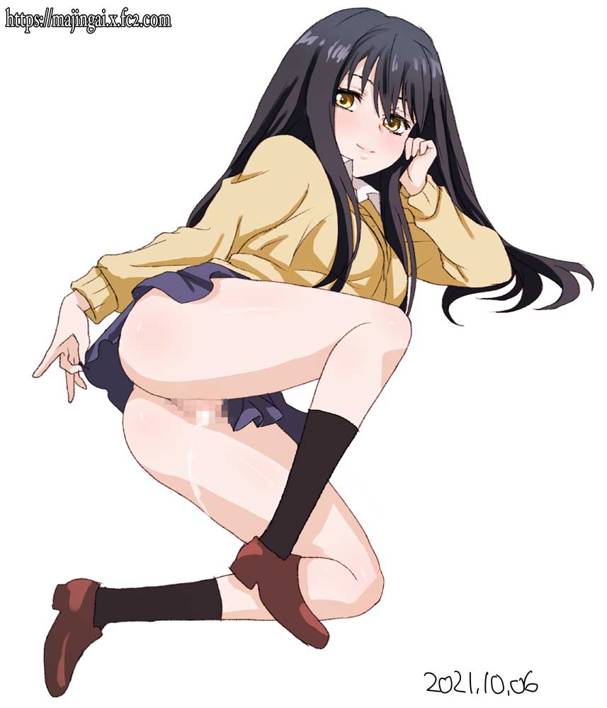 1girls after_sex ass bottomless cum cum_in_pussy cum_inside cumdrip long_hair mieruko-chan sakaki-ginko sakaki_(artist) school_uniform skirt solo white_background yotsuya_miko