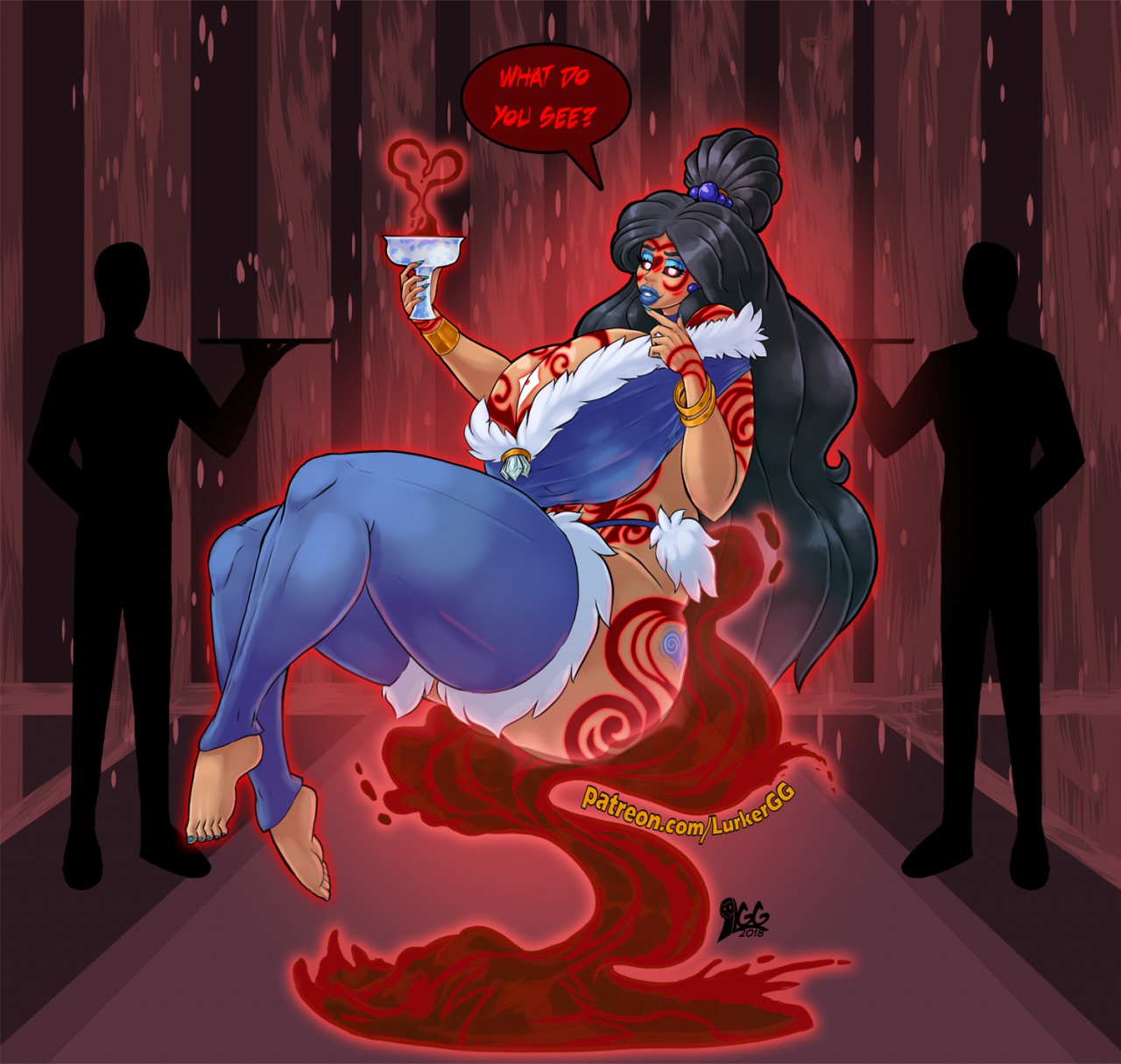 1girls, 2018, ass, avatar legends, avatar the last airbender, barefoot, bimbo, black hair, black sclera, blood, body markings, breasts, cleavage, clothing, english text, eyeshadow, female, glowing eyes, huge ass, huge breasts, katara, large breasts, lipstick, long hair, looking at viewer, lurkergg, makeup, nail polish, solo focus, speech bubble, spirit (avatar), stockings, tattoo, text, the legend of korra, thick lips, thick thighs, vaatu