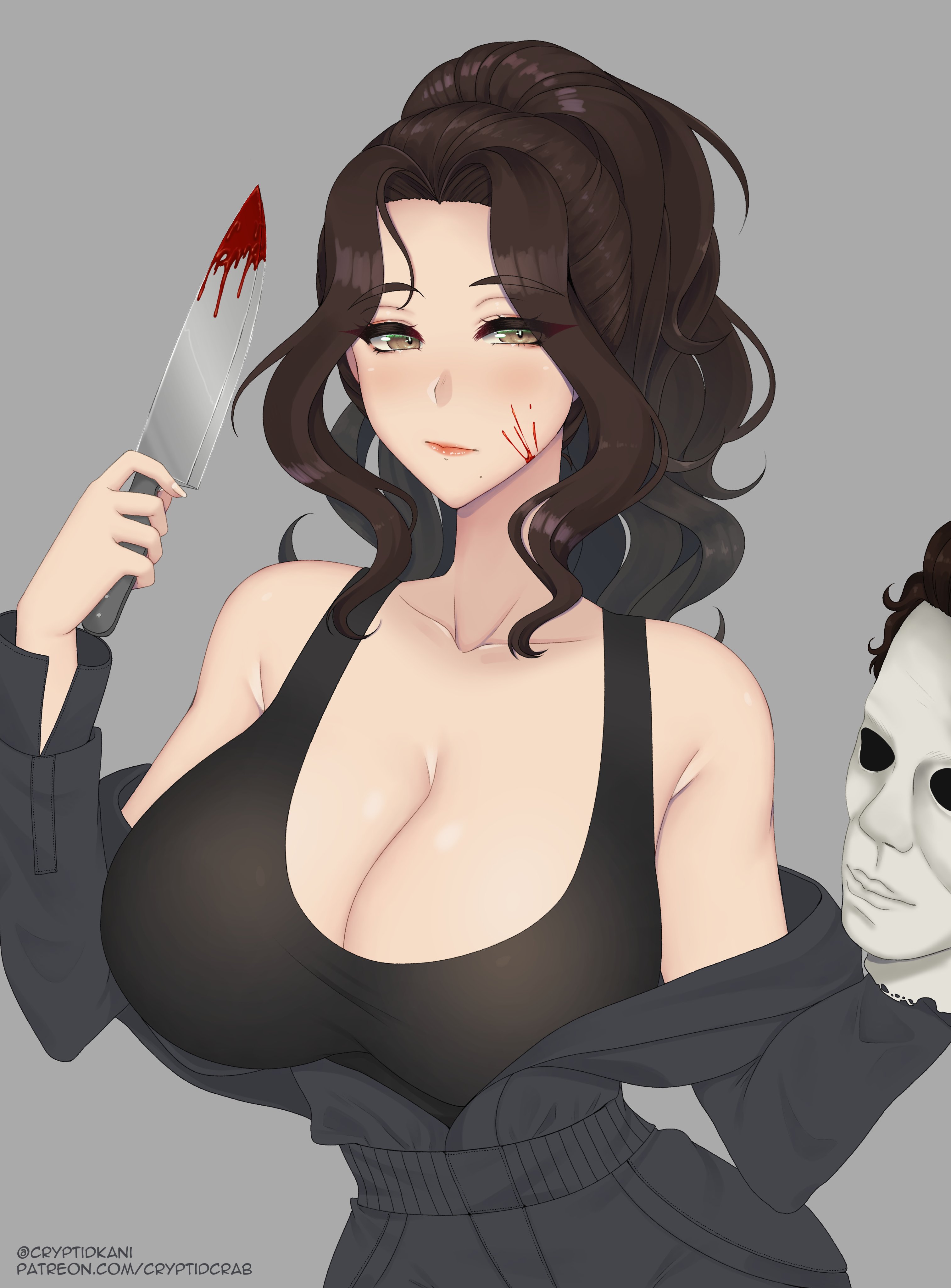 1girls, blood on face, blood on weapon, breasts, brown eyes, brown hair, cleavage, cryptid crab, female, huge breasts, knife, kotobukiya bishoujo, michael myers, michael myers (bishoujo terror), open clothes, ponytail, solo, tank top, upper body