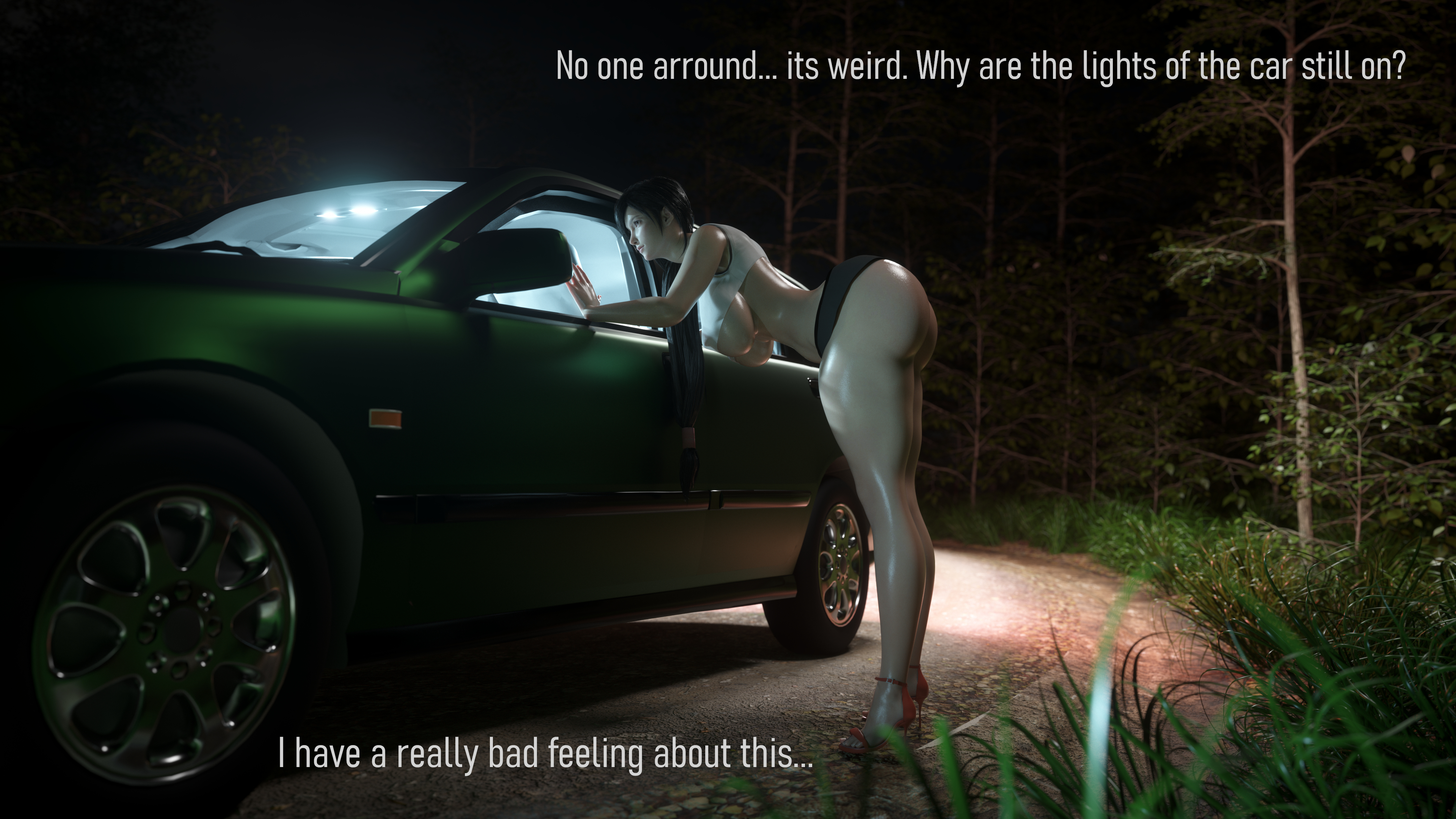 1girls, 3d, 3d (artwork), ass, big ass, big breasts, breasts, car, curvaceous, curves, curvy, english text, female, female only, final fantasy, final fantasy vii, final fantasy vii remake, high resolution, highres, huge breasts, human, icedev, impossible clothes, large breasts, long hair, night, nighttime, skimpy clothes, square enix, text, thick thighs, tifa lockhart, video games, voluptuous