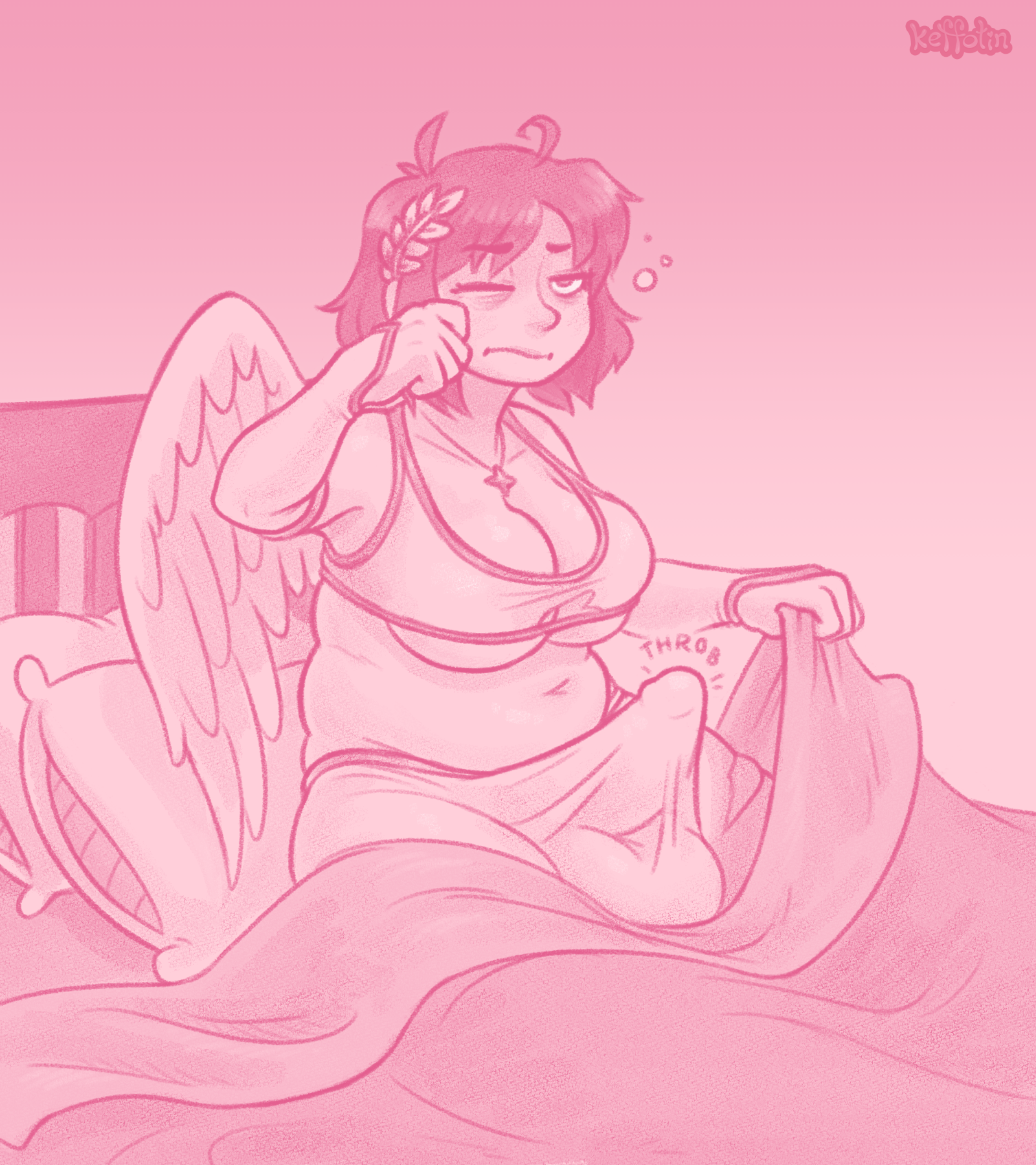 1futa, angel, angel wings, balls, balls under clothes, bed, big balls, big breasts, big penis, breasts, chubby, chubby futa, cleavage, clothed, clothing, erection, erection under clothes, fully clothed, futa only, futanari, groggy, horny, humanoid, humanoid penis, intersex, keffotin, monochrome, morning wood, penis, pink theme, red hair, sierra (ramzkun), sitting, solo, sports bra, tenting, tired, underboob, waking up