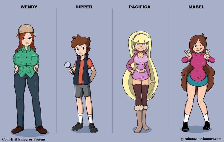 1boy, 3girls, aged up, alternate breast size, big breasts, blonde hair, boots, breasts, bust, busty, button down shirt, cleavage, clothed, clothed female, clothed male, confident, dipper pines, disney, disney channel, double peace sign, female, garabatoz, gravity falls, hands on hips, hero, heroine, huge breasts, long hair, mabel pines, magnifying glass, male, multiple females, multiple girls, pacifica northwest, red hair, shorts, skirt, smooth skin, sweater, thick thighs, thin female, tongue, tongue out, vest, wendy corduroy