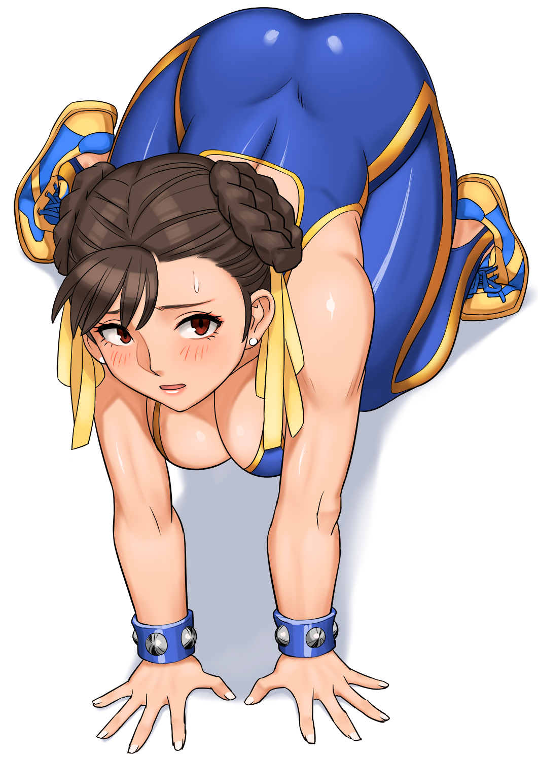 1girls, all fours, chun-li, female, nervous, street fighter
