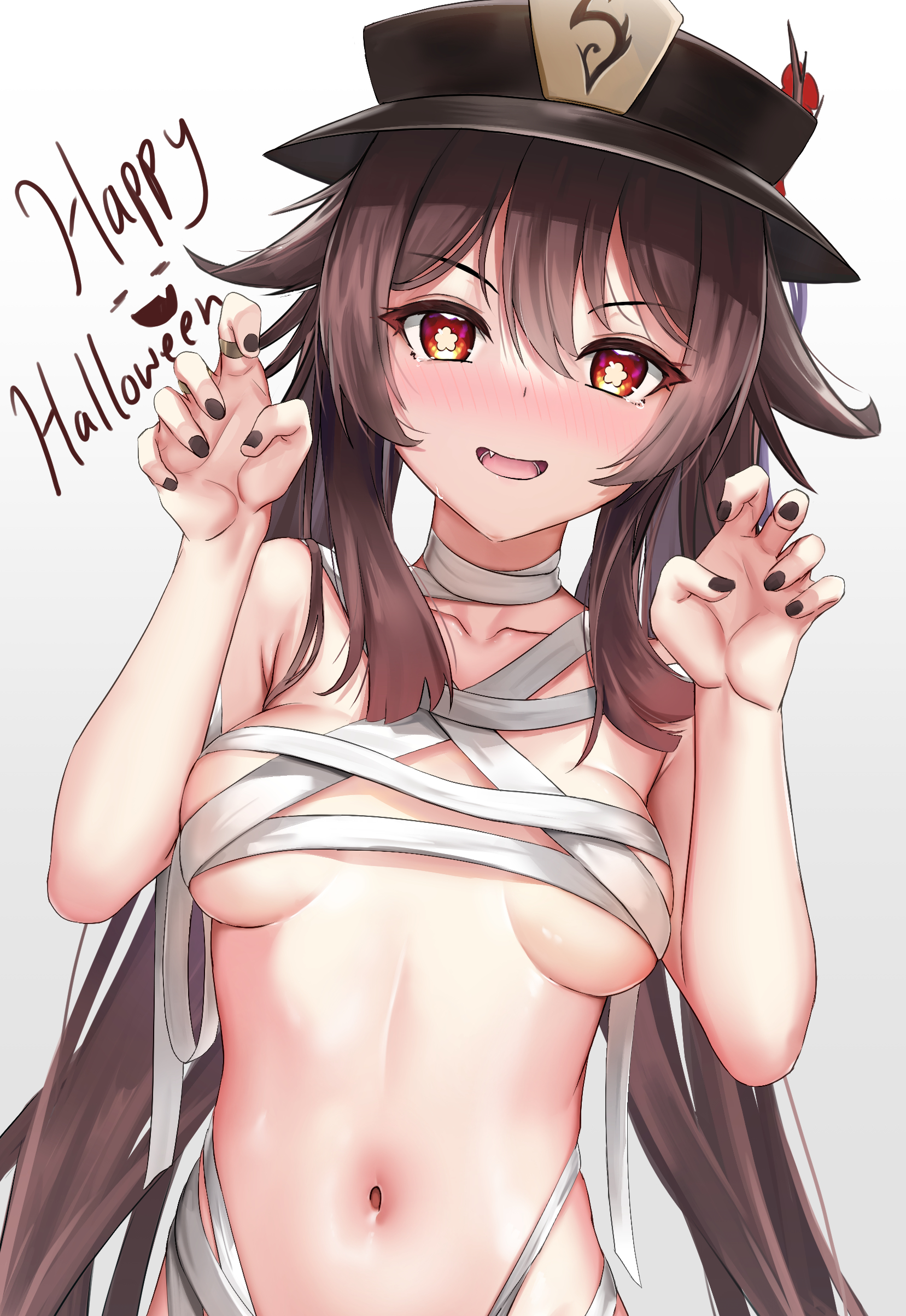 1girls, barely clothed, belly button, black nails, blush, breasts, brown hair, cute fang, eyebrows visible through hair, female, female only, genshin impact, halloween, halloween costume, hat, headwear, hi res, hu tao (genshin impact), human, long hair, looking at viewer, midriff, mummy, mummy costume, nail polish, navel, painted fingernails, painted nails, red eyes, simple background, skai kun, small breasts, solo, solo female, twintails, underboob, very long hair, white background