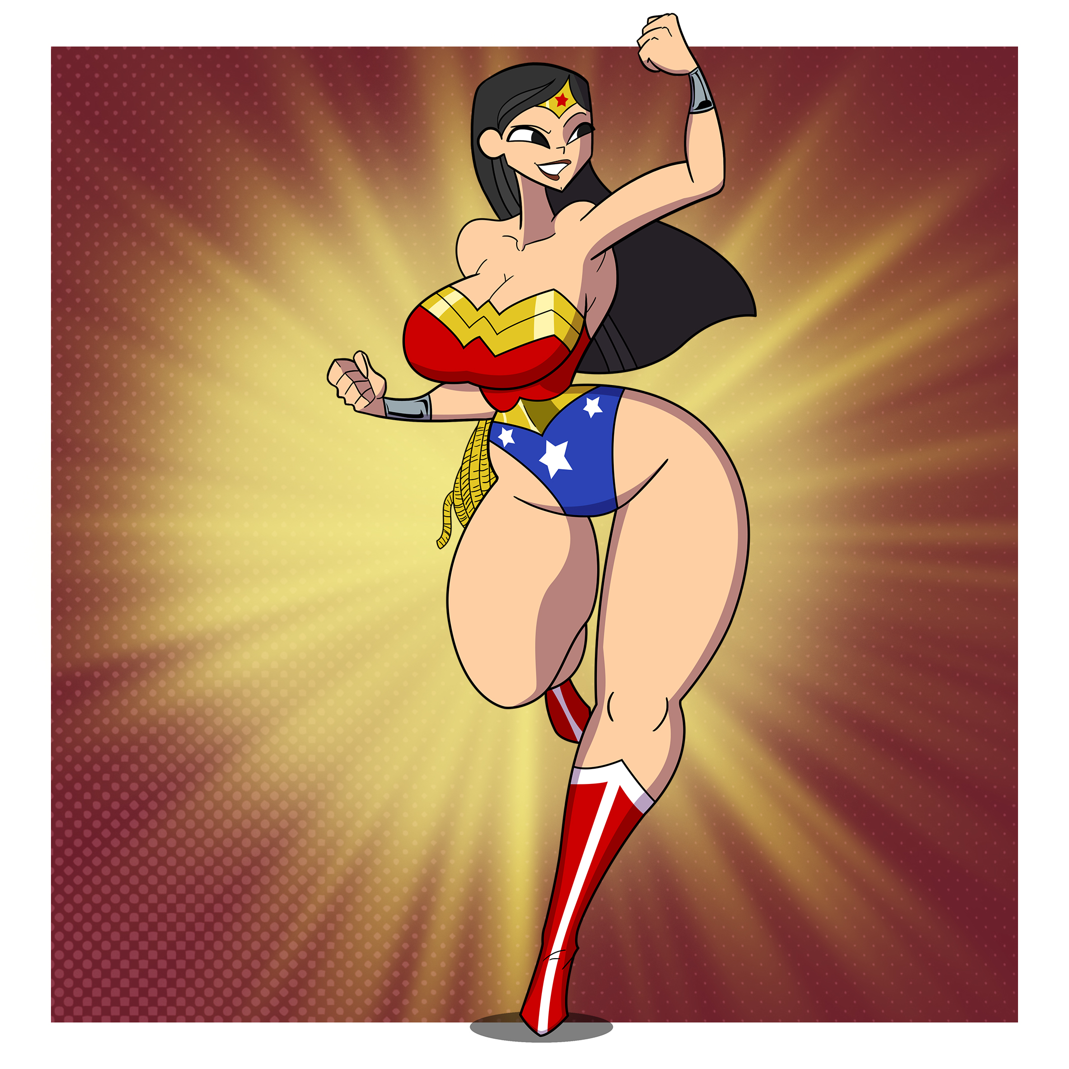 1girls, ass, background, barely clothed, belly, belly button, big ass, big breasts, black eyes, black hair, boots, bracelet, breasts, cleavage, cosplay, crossover cosplay, dc, dc comics, female, full body, heather (tdi), lasso of truth, makeup, rustysh4ckl3ford, stars, thick ass, thick thighs, tiara, tight clothing, total drama (series), total drama island, wonder woman (cosplay)