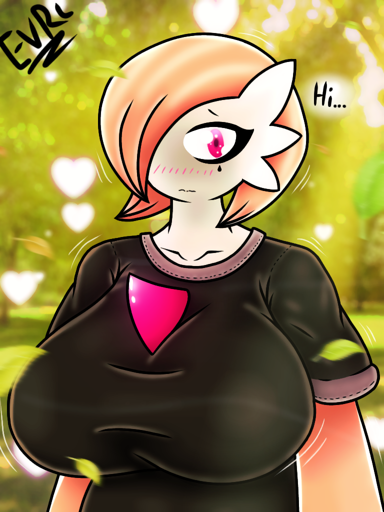 1girls anthro anthrofied big_breasts black_t-shirt blush blushing breast breasts clothed clothes clothing cute cute_face dialogue embarrassed english_text evrc eyebrows eyelashes female female_gardevoir female_only gardevoir ginger_(evrc) hair hair_over_one_eye heart hearts huge_breasts humanoid large_breasts looking_at_viewer orange_hair orange_skin pink_eyes pokémon_(species) pokemon pokemon_(game) pokemon_(species) pokemon_rse shy solo solo_female t-shirt talking talking_to_viewer text trembling watermark white_skin