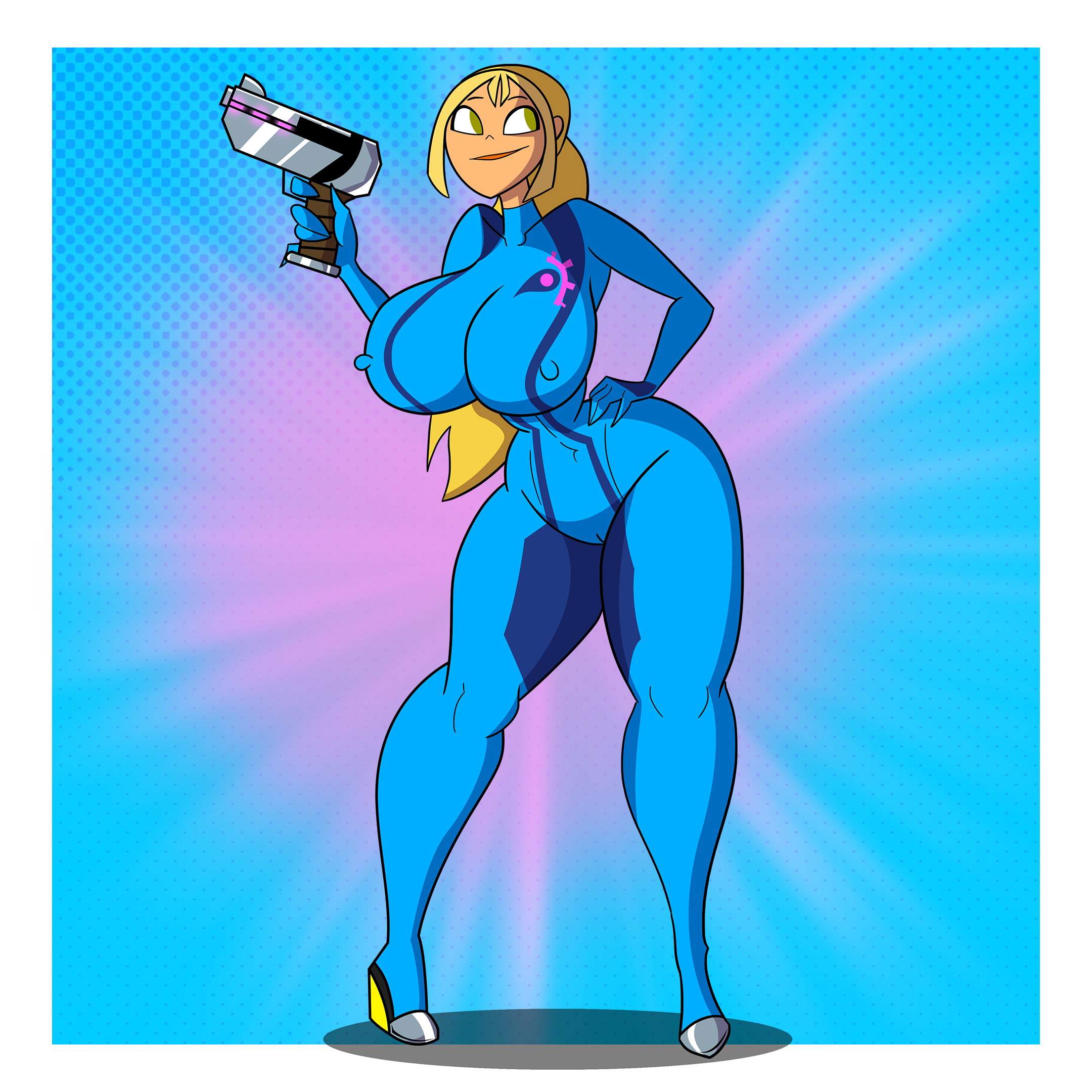 1girls, ass, background, big ass, big breasts, blonde hair, bodysuit, breasts, bridgette (tdi), cameltoe, cosplay, crossover, crossover cosplay, female, full body, green eyes, gun, heels, makeup, metroid, nipples visible through clothing, pussy, rustysh4ckl3ford, samus aran (cosplay), spandex, thick ass, thick thighs, tight clothing, total drama (series), total drama island, zero suit
