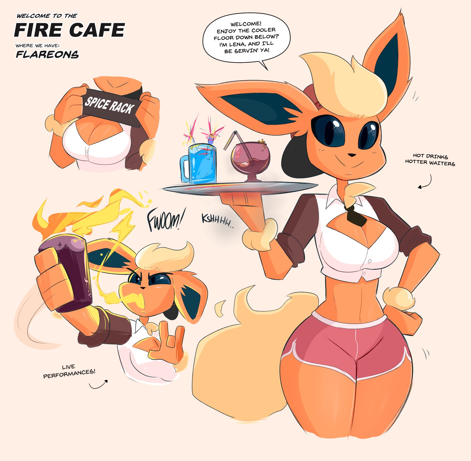 1girls, anthro, ass, breasts, cleavage, clothed, clothing, eeveelution, english text, female, female focus, female only, flareon, humanoid, kilinah, lena (kilinah), nintendo, partially clothed, performance, pokémon (species), pokemon, pokemon (species), solo female, speech bubble, standing, text, thick thighs, tomboy, waitress, wide hips