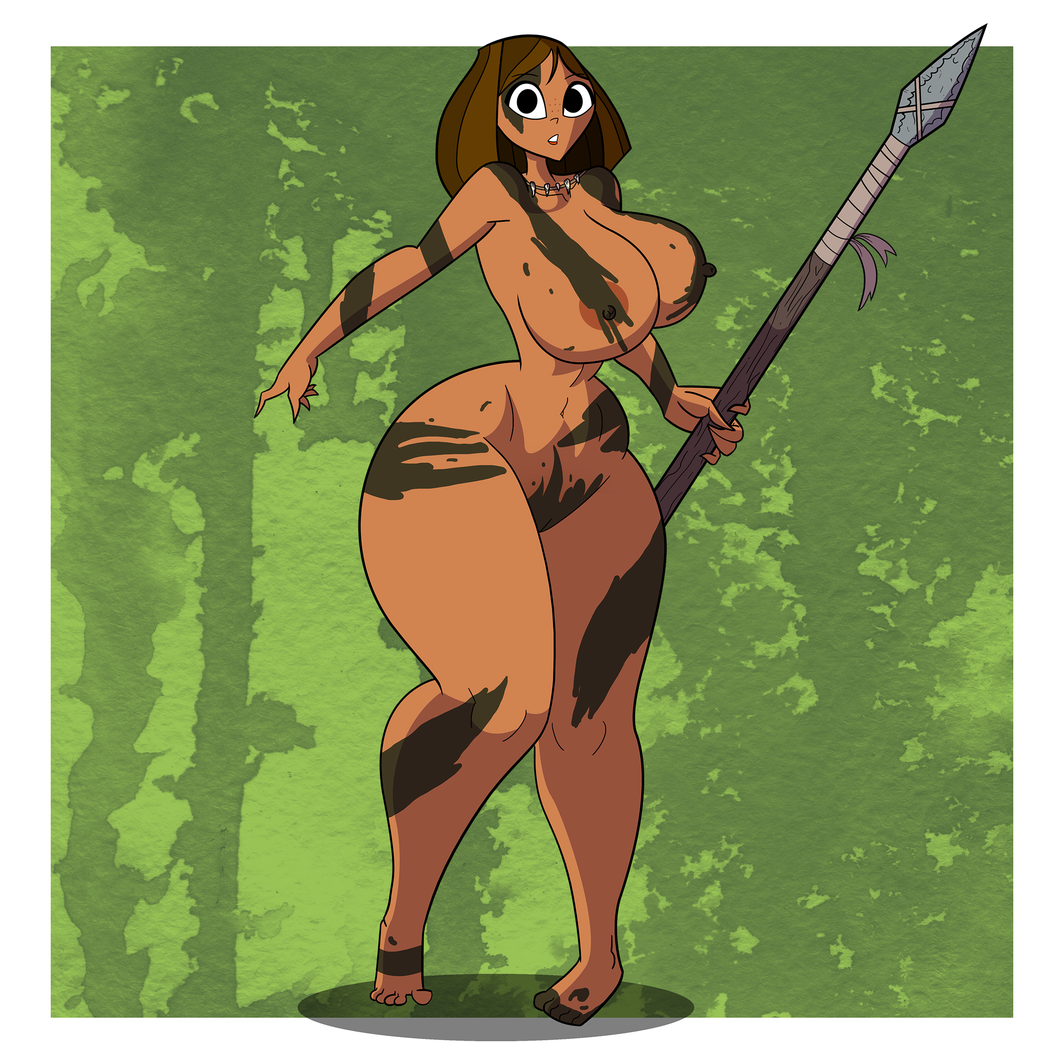 1girls, ass, background, barefoot, barely clothed, belly, belly button, big ass, big breasts, black eyes, breasts, brown hair, camouflage, cavewoman, cosplay, courtney (tdi), female, freckles, full body, loincloth, makeup, mud, naked, necklace, nude, nude female, orange lipstick, rustysh4ckl3ford, short hair, spear, thick ass, thick thighs, total drama (series), total drama island