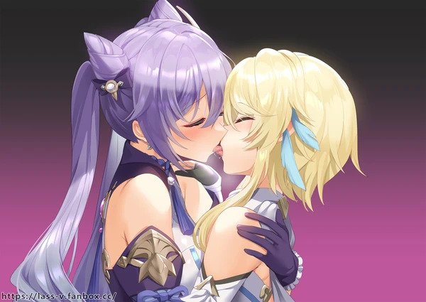 2girls, breasts, breasts pressed together, closed eyes, female, female focus, french kiss, french kissing, genshin impact, keqing (genshin impact), kissing, lesbian, lesbian kiss, lumine (genshin impact), multiple females, multiple girls, purple hair, tongue to tongue, yellow hair, yuri