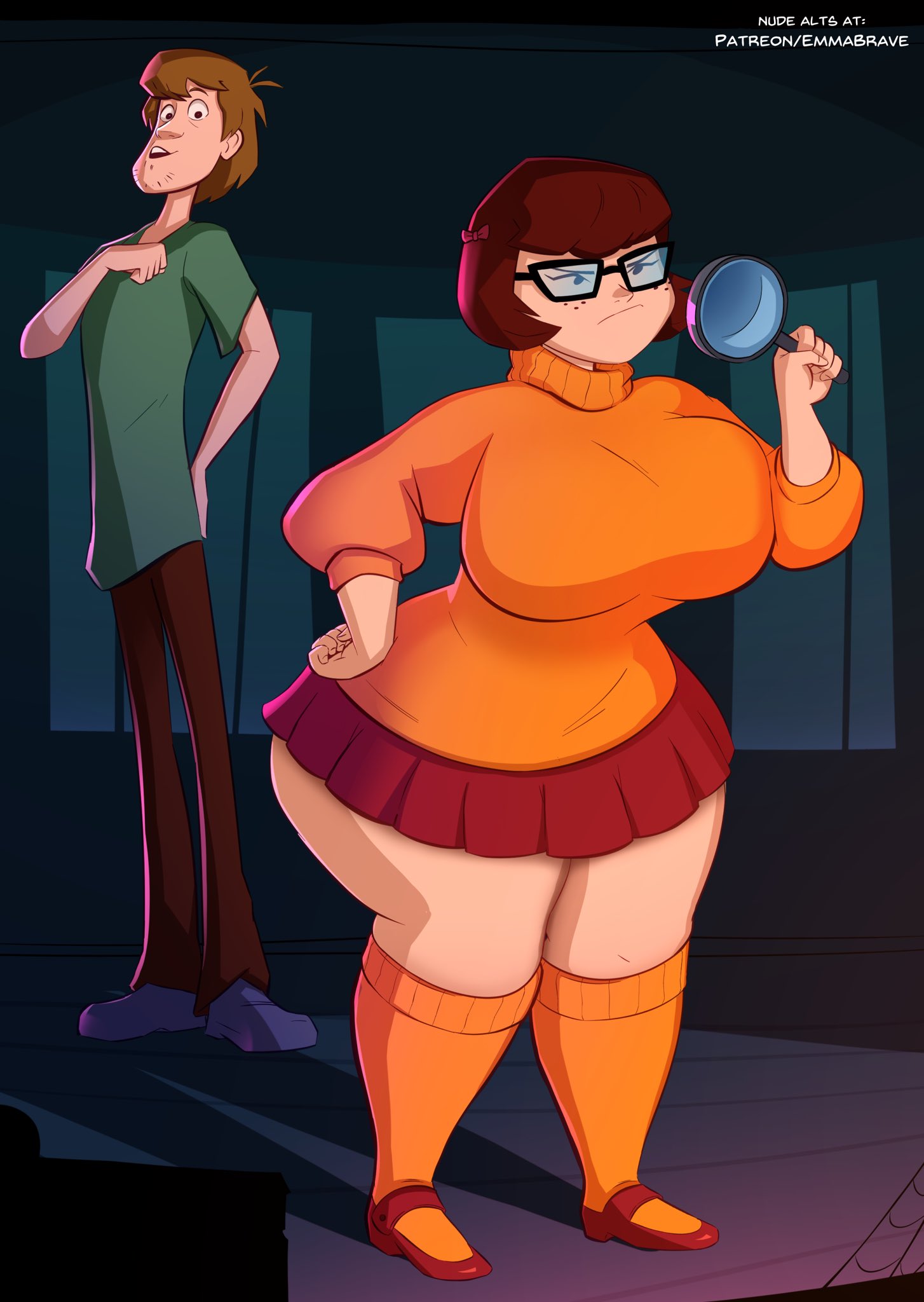 1boy, 1girls, ass, big ass, big breasts, big butt, big hips, big thighs, breasts, emmabrave, fat, female, female focus, glasses, hanna-barbera, hourglass figure, huge ass, huge breasts, huge butt, huge hips, huge thighs, large ass, male, partially clothed, scooby-doo, shaggy rogers, tagme, thunder thighs, velma dinkley, wide hips