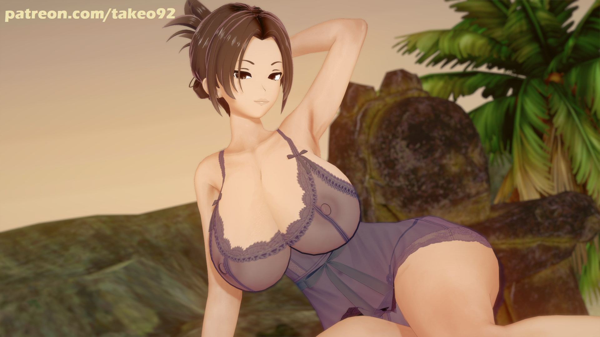 1girls, 3d, 3d (artwork), alternate costume, armpits, ass, beach, big ass, big breasts, breasts, brown eyes, brown hair, bubble ass, bubble butt, cleavage, clothed, curvaceous, curvy, erect nipples, erect nipples under clothes, female, female only, hands behind head, hourglass figure, huge ass, huge breasts, knot, koikatsu, lara croft, lara croft (classic), large ass, large breasts, laying on side, looking at viewer, negligee, nightgown, nipples, nipples visible through clothing, palm tree, patreon, pinup, pinup pose, posing, revealing clothes, seductive, seductive look, silk, skimpy, skimpy clothes, solo, sunset, takeo92, text, thick, thick ass, thick thighs, tight clothing, tomb raider, tomb raider (classic), wide hips