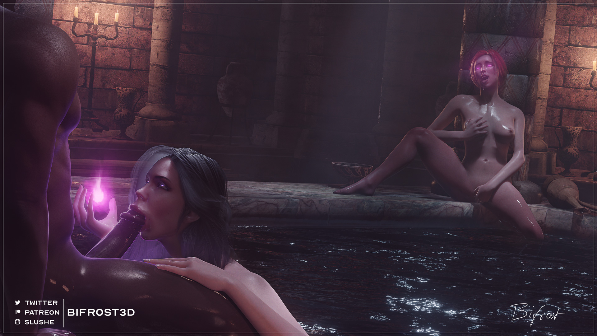 1boy, 2girls, 3d, barefoot, bathhouse, bathroom, bifrost3d, blowjob, blowjob face, cd projekt red, cuckquean, dark skin, dark-skinned male, feet, fellatio, female, fingering, glowing eyes, interracial, kneeling, magic, male, masturbating cuck, masturbation, mind break, mind control, mindbreak, multiple females, multiple girls, nude, nude female, nude male, oral, possessed, sorceress, the witcher (series), the witcher 3: wild hunt, triss merigold, yennefer