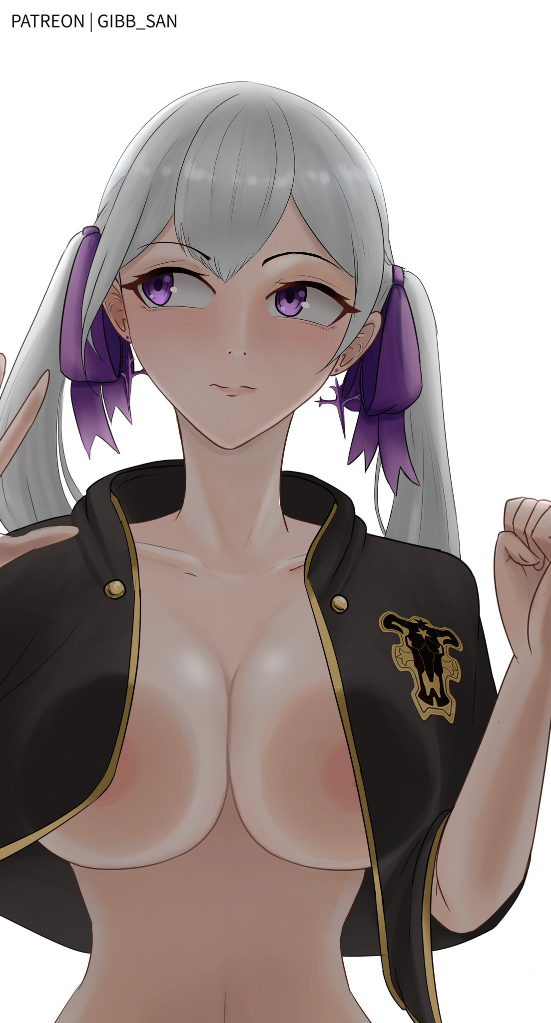 1girls, against glass, areola, areola slip, areolae, big breasts, black bulls uniform, black clover, breast press, breasts, breasts on glass, female, female only, gibb san, hairbow, large breasts, light skin, light-skinned female, long hair, nip slip, nipple slip, nipples, no bra, no shirt, noelle silva, partially nude, plain background, pressed against, purple eyes, shirtless, silver hair, solo, solo female, twintails, watermark, white background