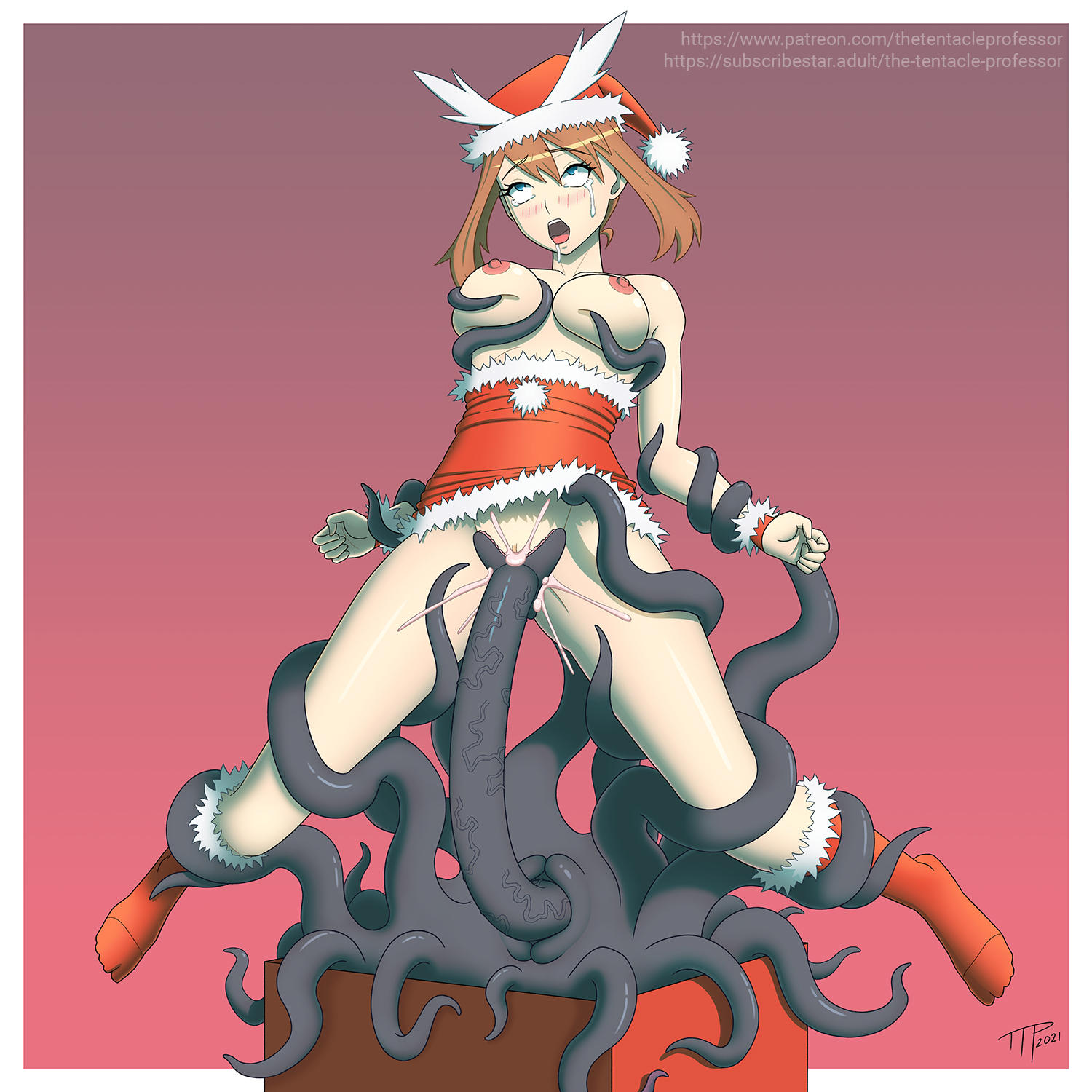 1girls, arms held back, big breasts, blue eyes, bondage, box, breast grab, breast squeeze, breasts, breasts out, christmas, christmas clothing, christmas hat, christmas outfit, christmas present, clothed sex, clothes lift, cum, cum in pussy, cum inside, eyes rolling back, female, functionally nude, hat, may (pokemon), monster, no bra, no panties, partially clothed, penetration, pokemon, pussy, rape, restrained, restrained arms, restrained by tentacles, restrained legs, sex, suspension, tentacle, tentacle monster, tentacle penetration, tentacle rape, tentacle sex, tentacle suspension, tentacles around arms, tentacles around legs, the tentacle professor
