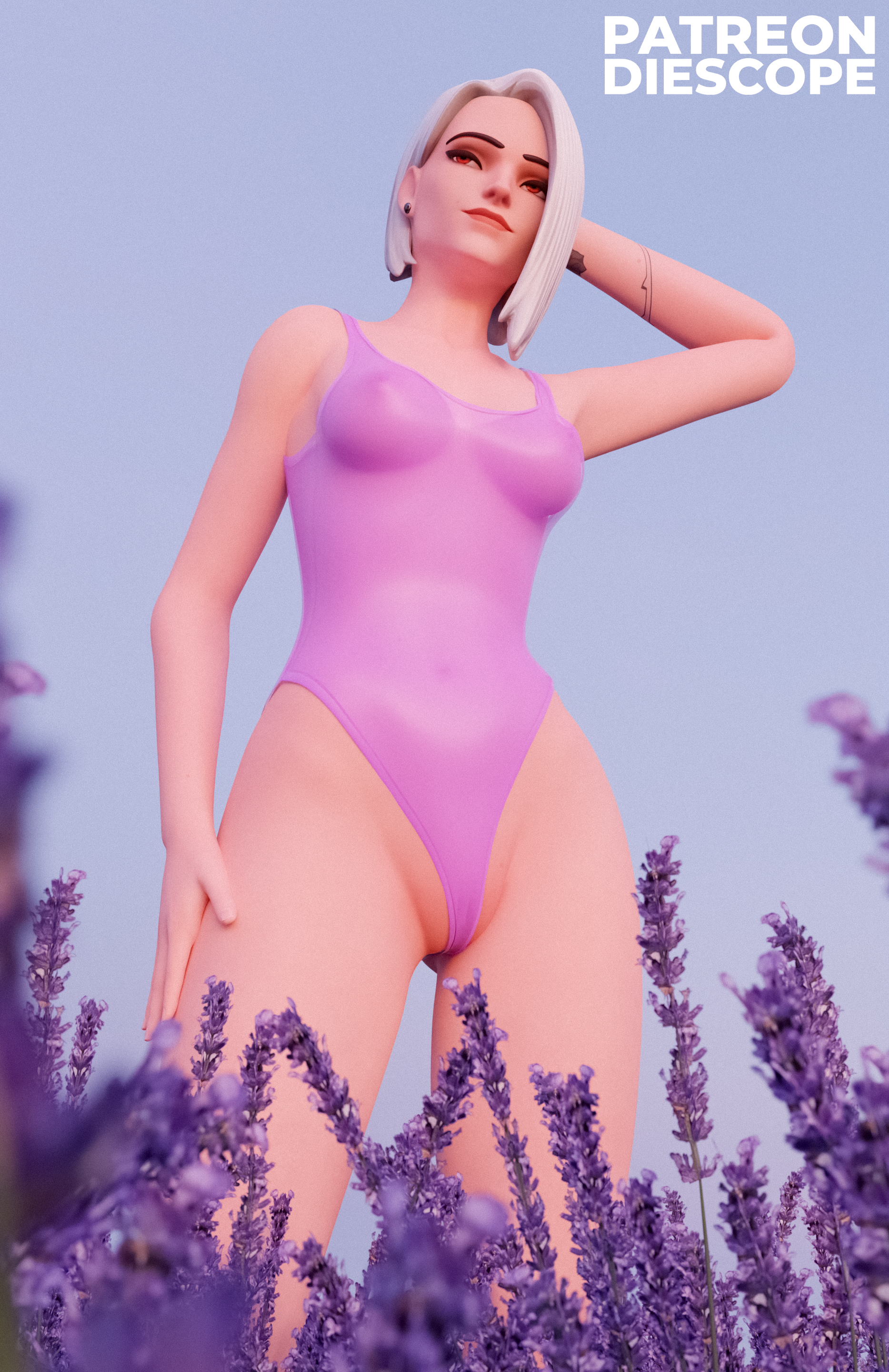 1girls, 3d, 3d (artwork), ashe (overwatch), ass visible through thighs, blizzard entertainment, breasts, diescope, ear piercing, female, female focus, female only, hand behind head, hand on hip, hi res, low-angle view, medium breasts, nipples, nipples visible through clothing, one-piece swimsuit, overwatch, red eyes, see-through clothing, short hair, solo, solo female, solo focus, swimsuit, tattoo, thick thighs, thighs, white hair