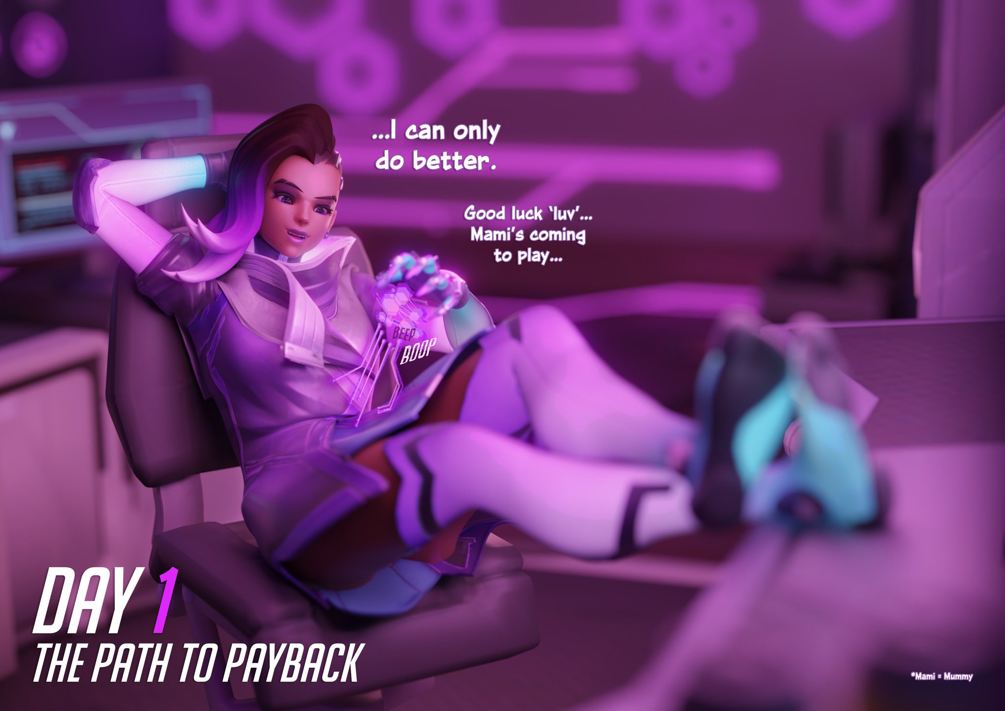1girls, 2021, 3d, blizzard entertainment, bottomless, chainsmoker, chair, dyed hair, english text, feet up, female, female focus, futanari, hacking, hands behind head, implied futa, intersex, latina, mexican, multicolored hair, no nut november, olivia colomar, page 1, purple clothing, purple eyes, purple hair, shaved side, sitting on chair, sombra, tan-skinned female, text
